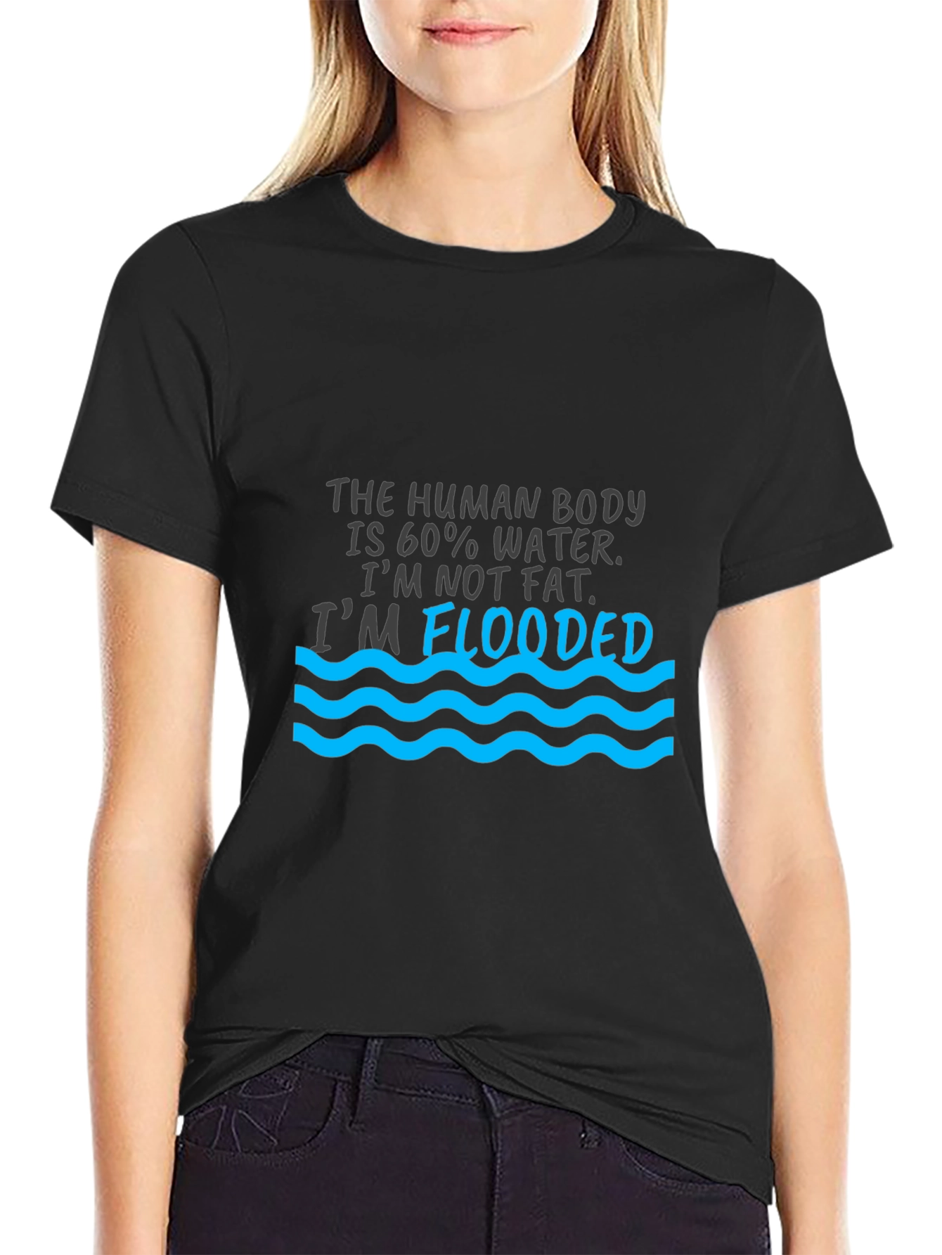 Humorous Flooded Graphic Print Black T-Shirt