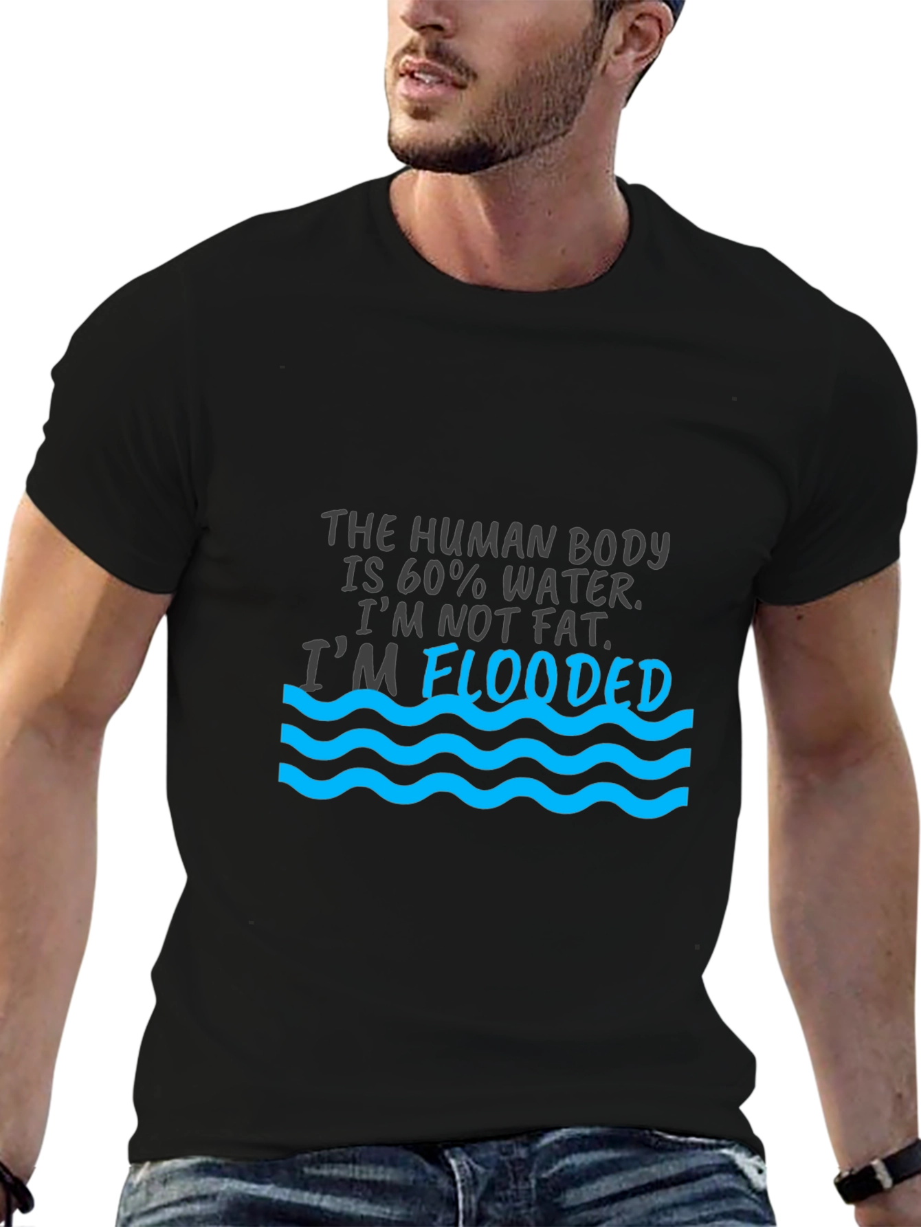 Humorous Flooded Graphic Print Black T-Shirt