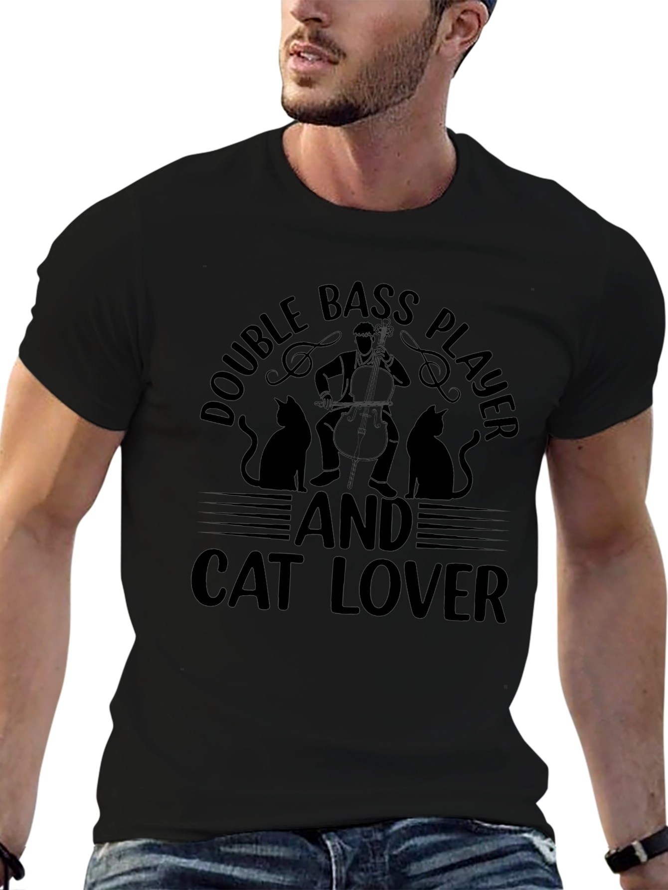 Double Bass Player and Cat Lover Black T-Shirt