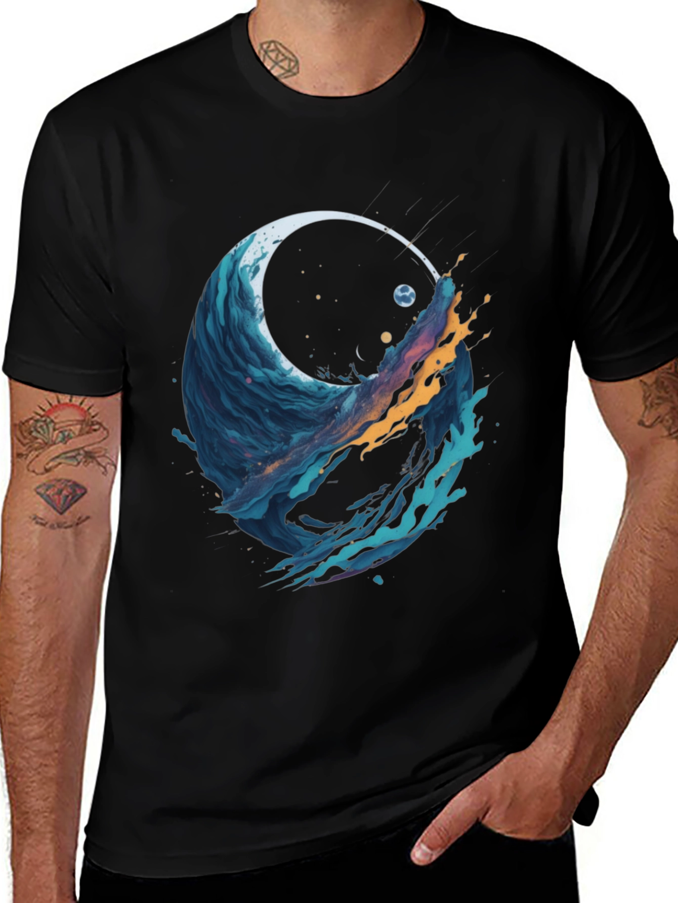 Abstract Wave Graphic Tee - Black Cotton Blend