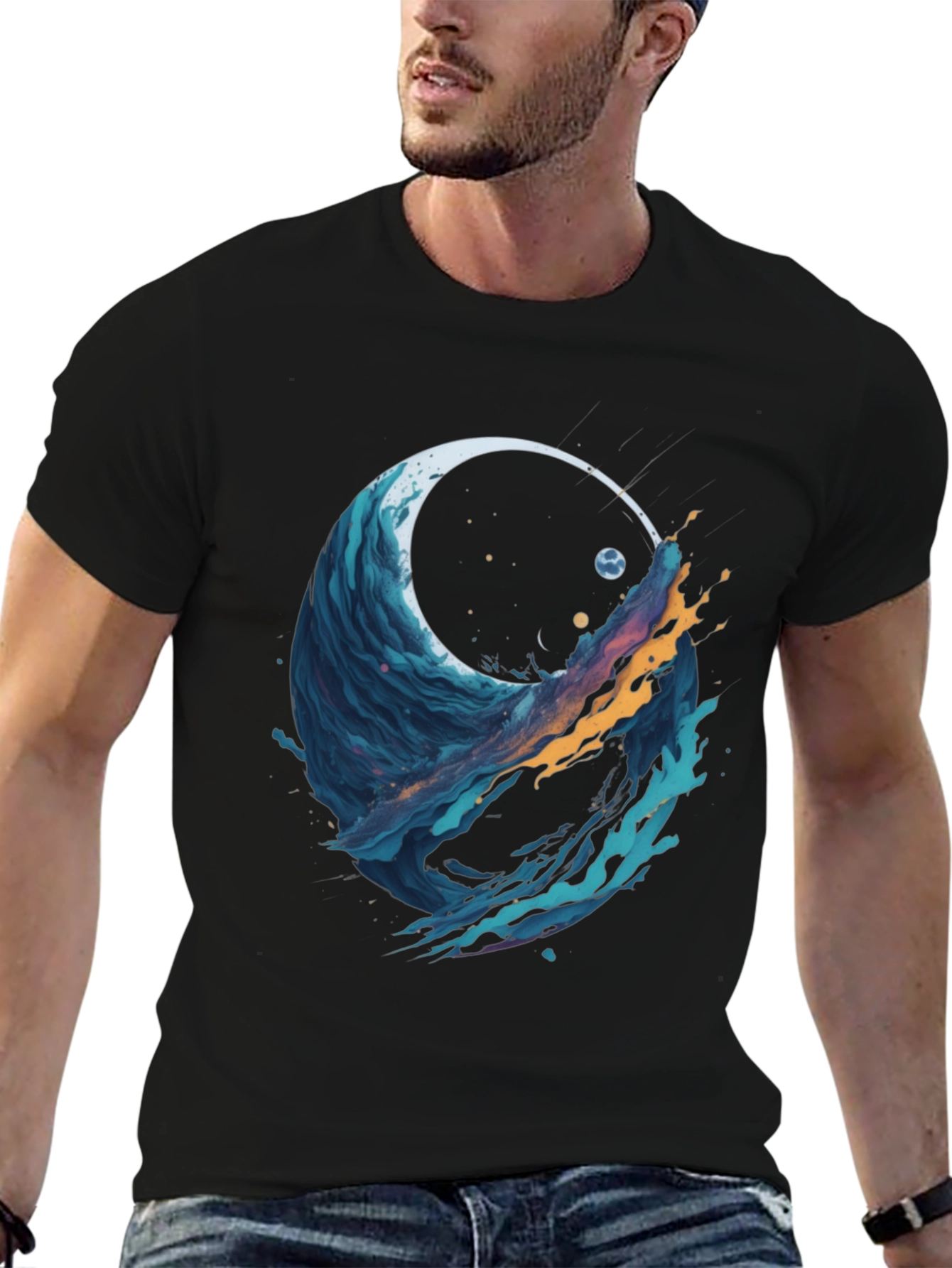 Abstract Wave Graphic Tee - Black Cotton Blend