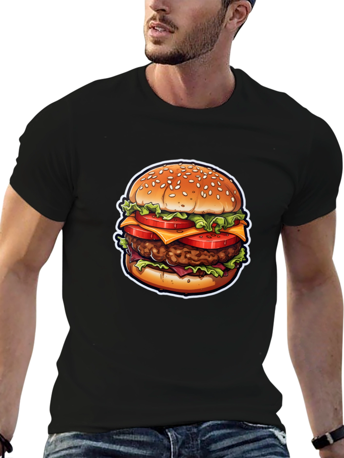 Burger Graphic Tee - Casual Black Cotton T-Shirt