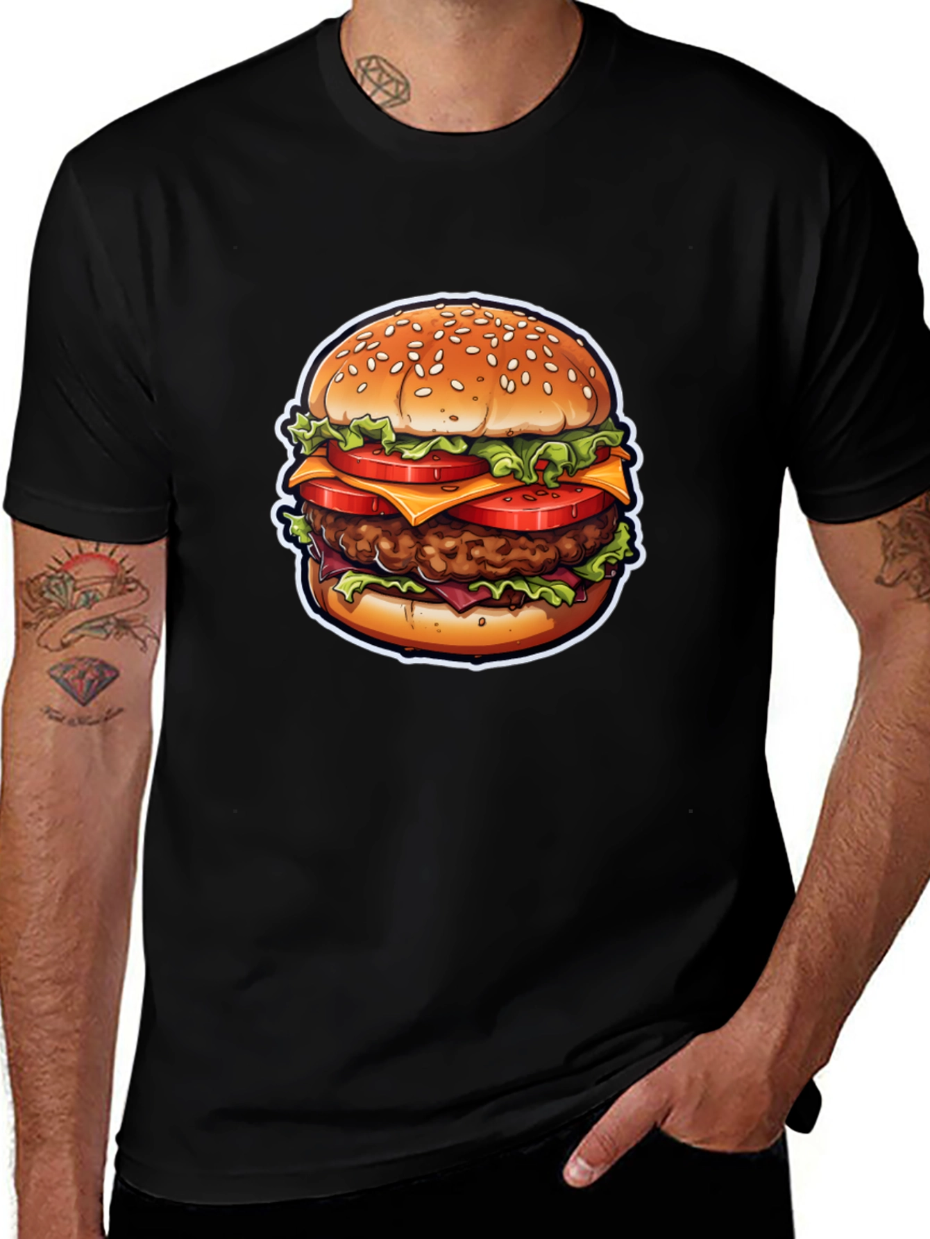 Burger Graphic Tee - Casual Black Cotton T-Shirt