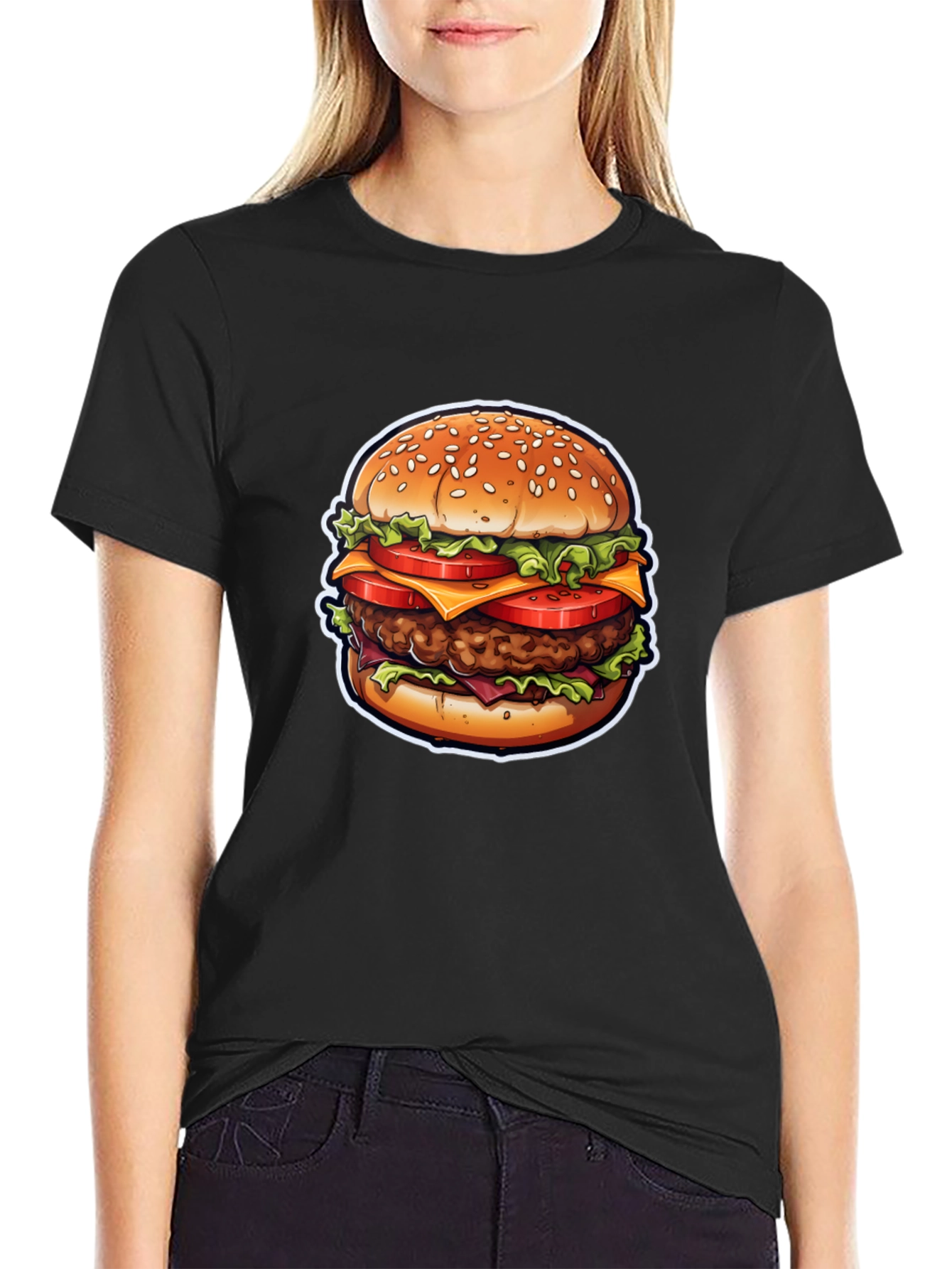 Burger Graphic Tee - Casual Black Cotton T-Shirt