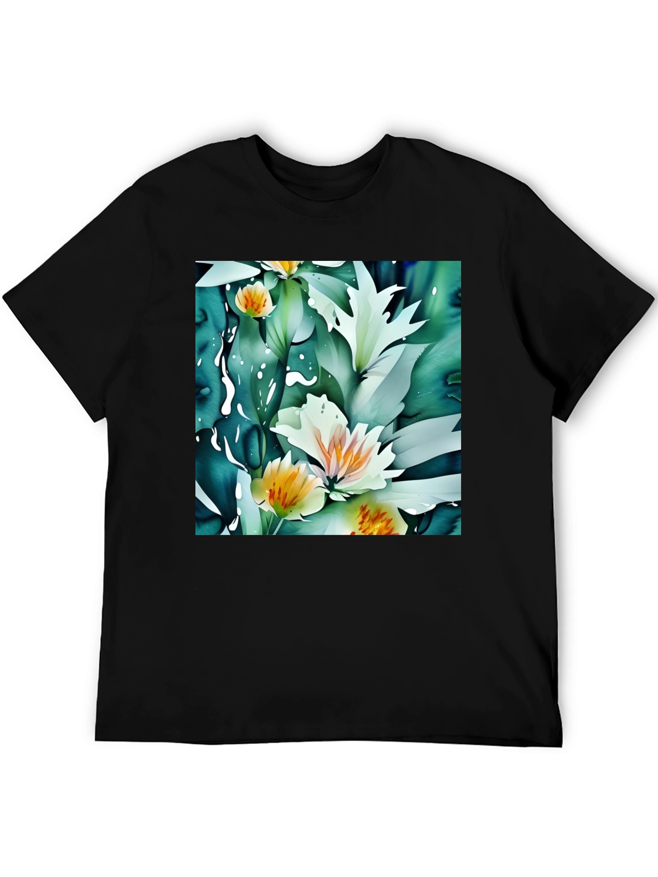 Floral Print Black T-Shirt - Artistic Botanical Design