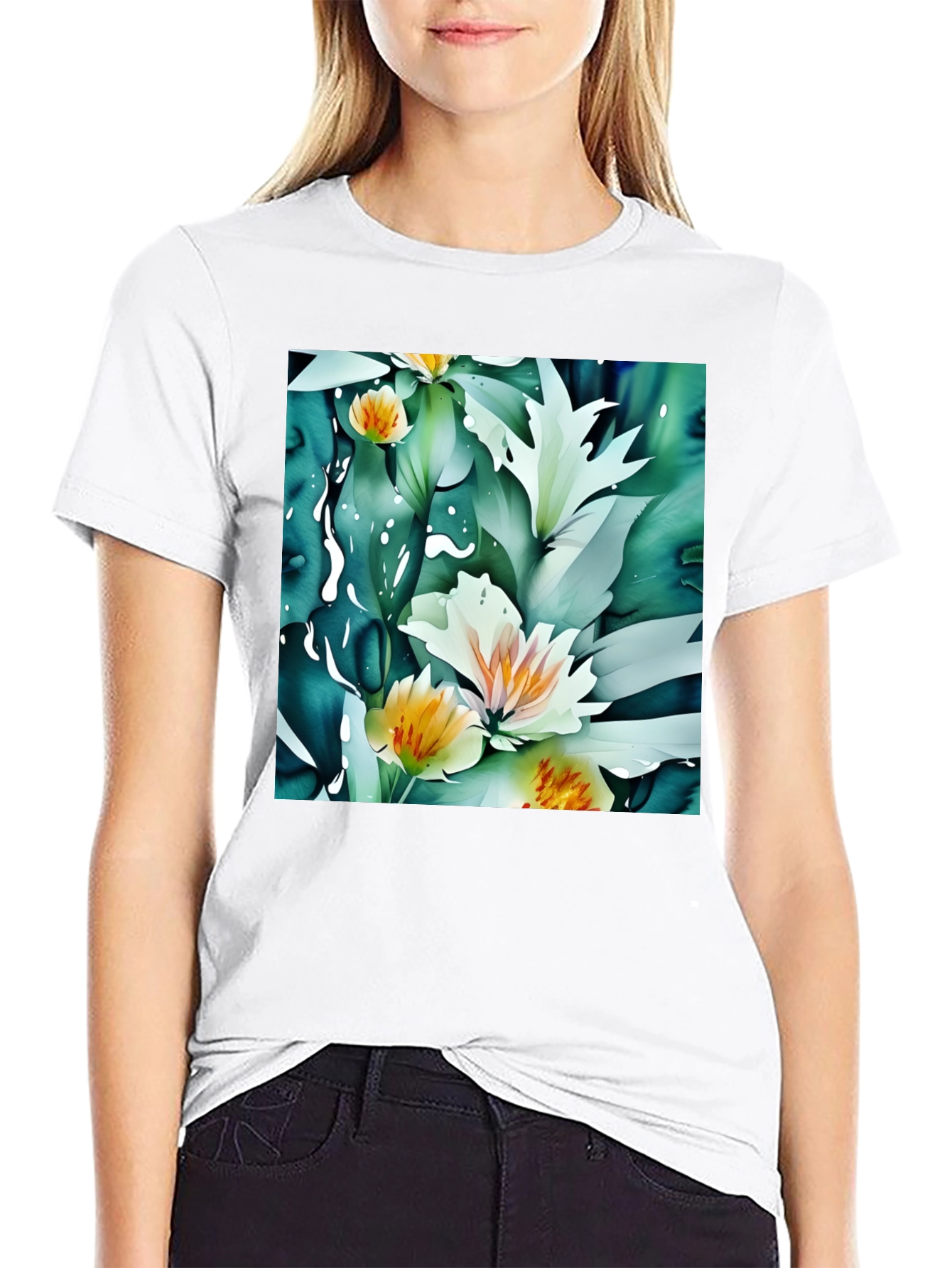 Floral Print Black T-Shirt - Artistic Botanical Design