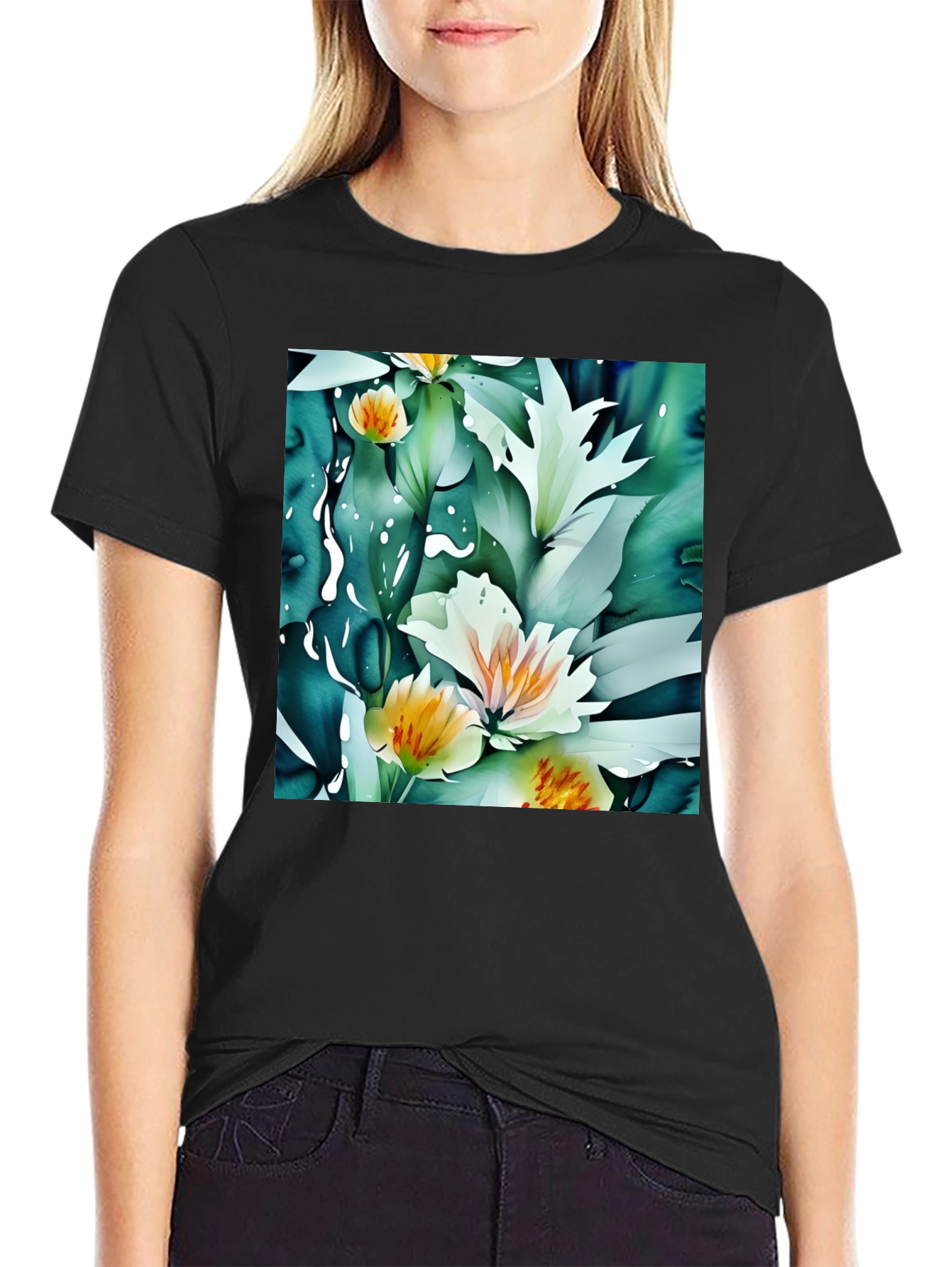Floral Print Black T-Shirt - Artistic Botanical Design