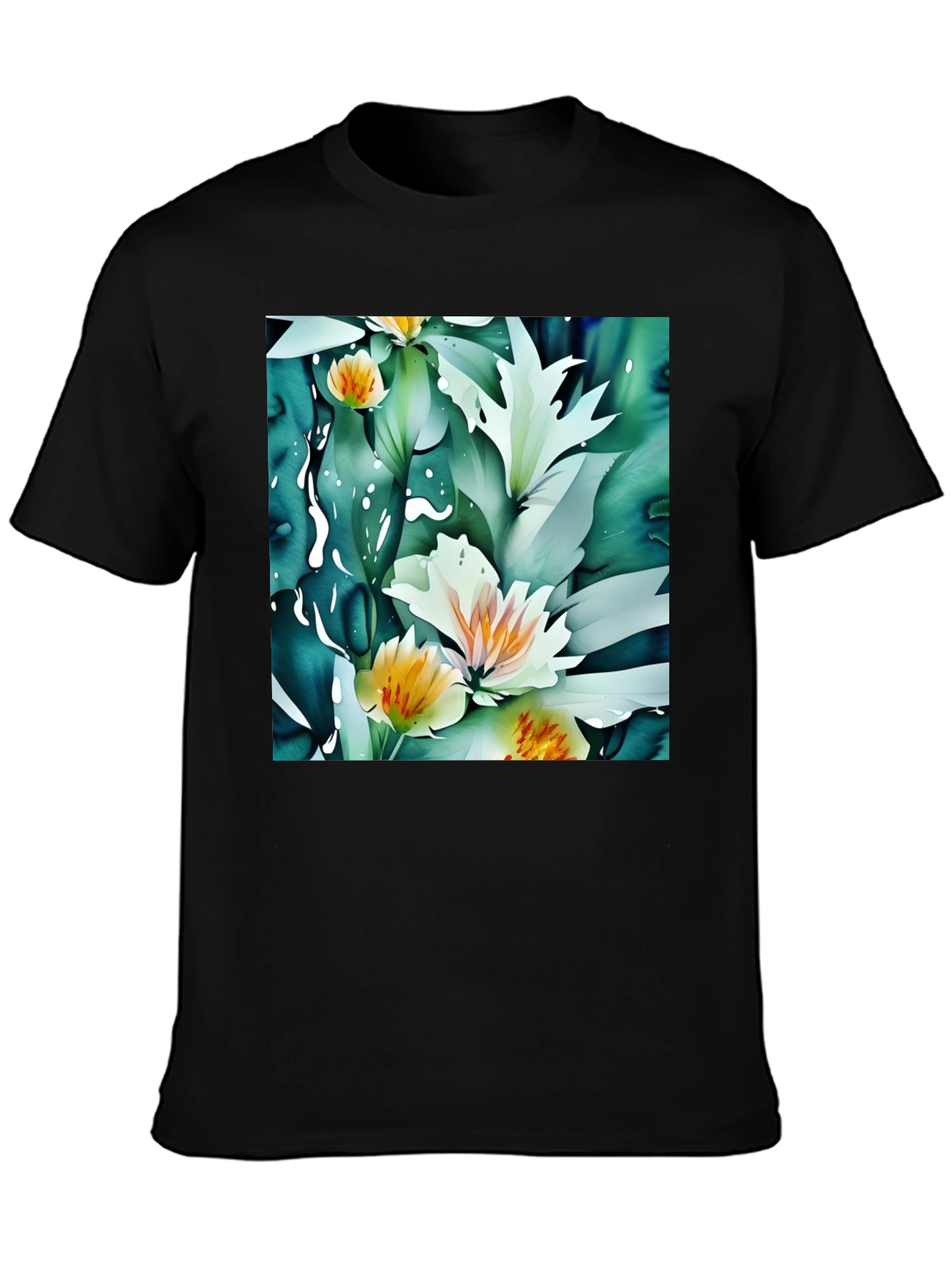 Floral Print Black T-Shirt - Artistic Botanical Design