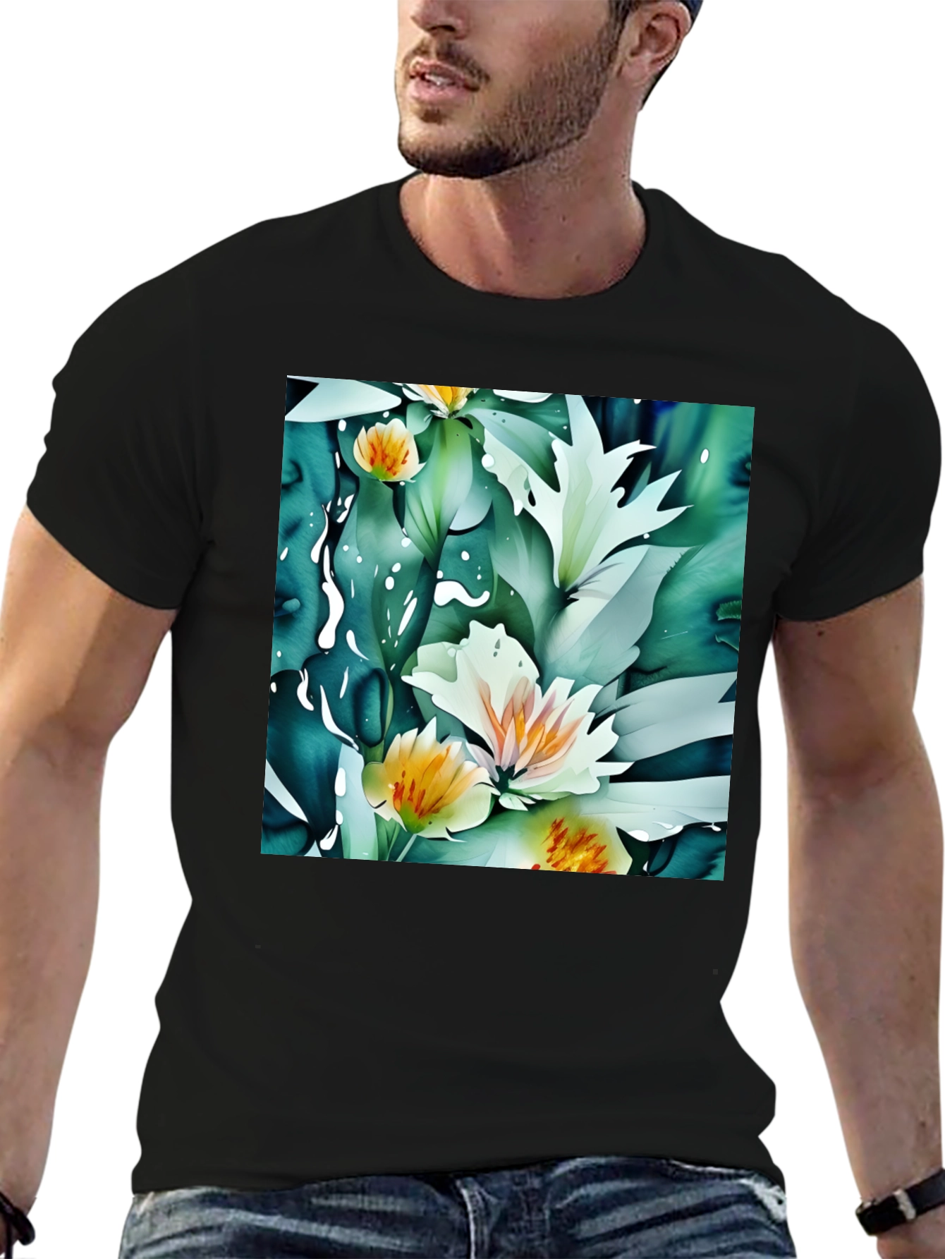 Floral Print Black T-Shirt - Artistic Botanical Design