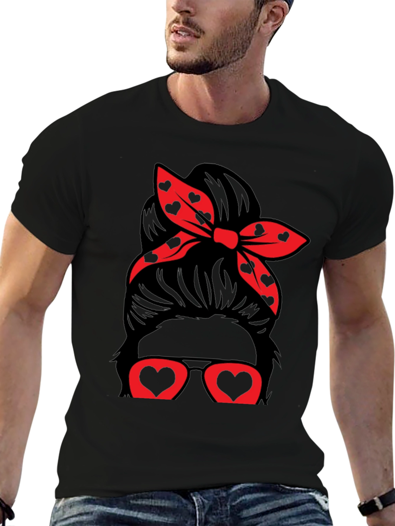 Messy Bun Heart Glasses Valentines Day T-Shirt
