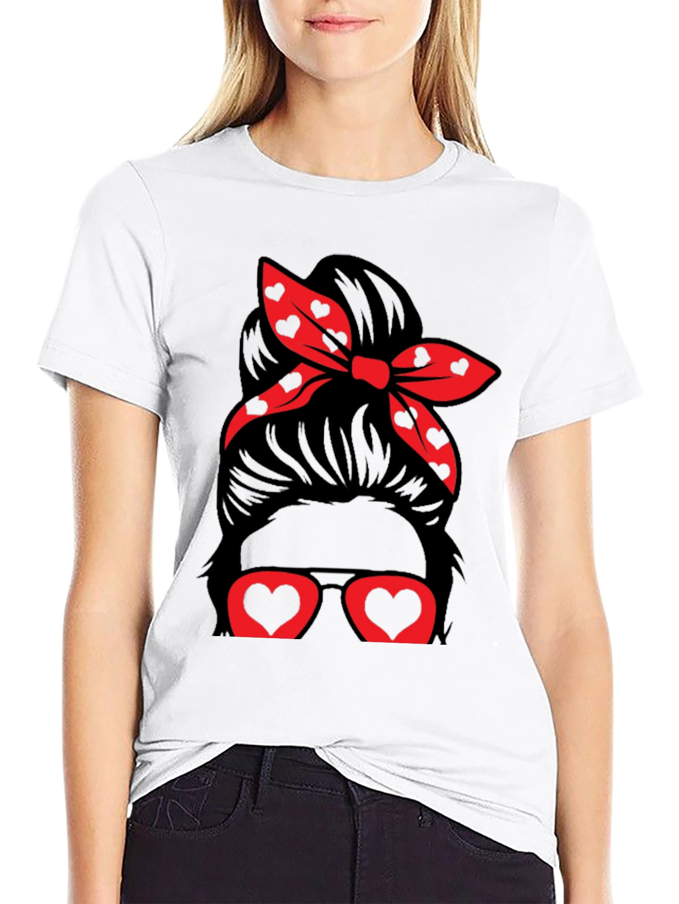 Messy Bun Heart Glasses Valentines Day T-Shirt