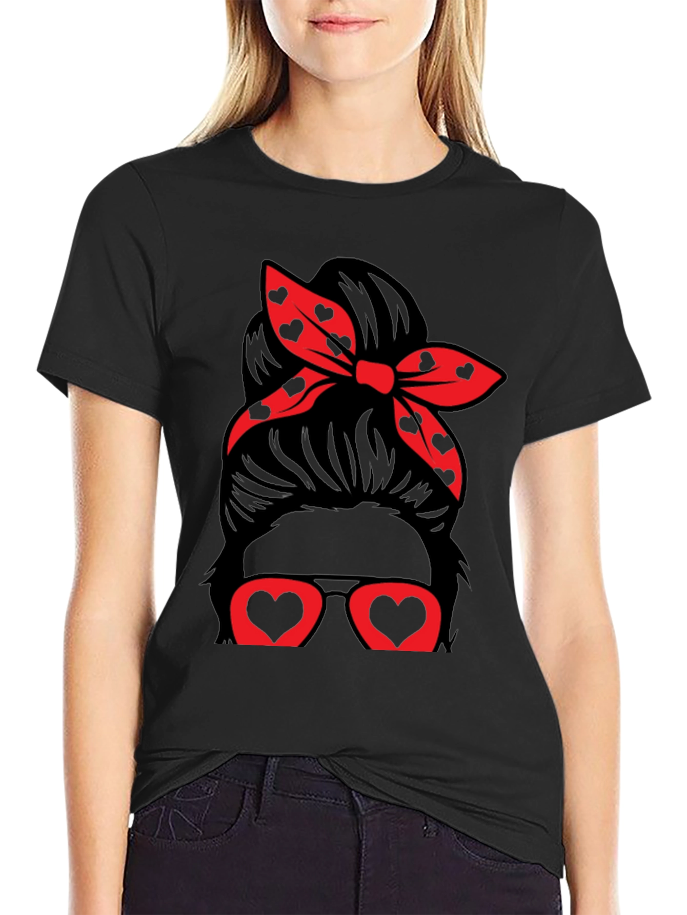 Messy Bun Heart Glasses Valentines Day T-Shirt