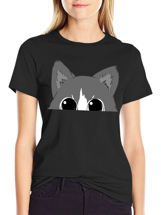 Peek-a-Boo Cat Graphic Tee - Black Cotton Blend