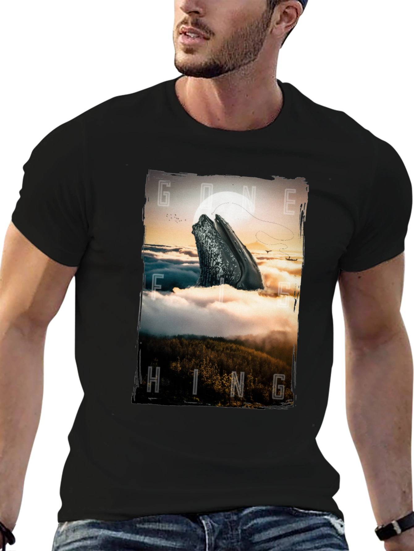 Gone Hiking Whale Graphic Tee - Black Cotton T-Shirt