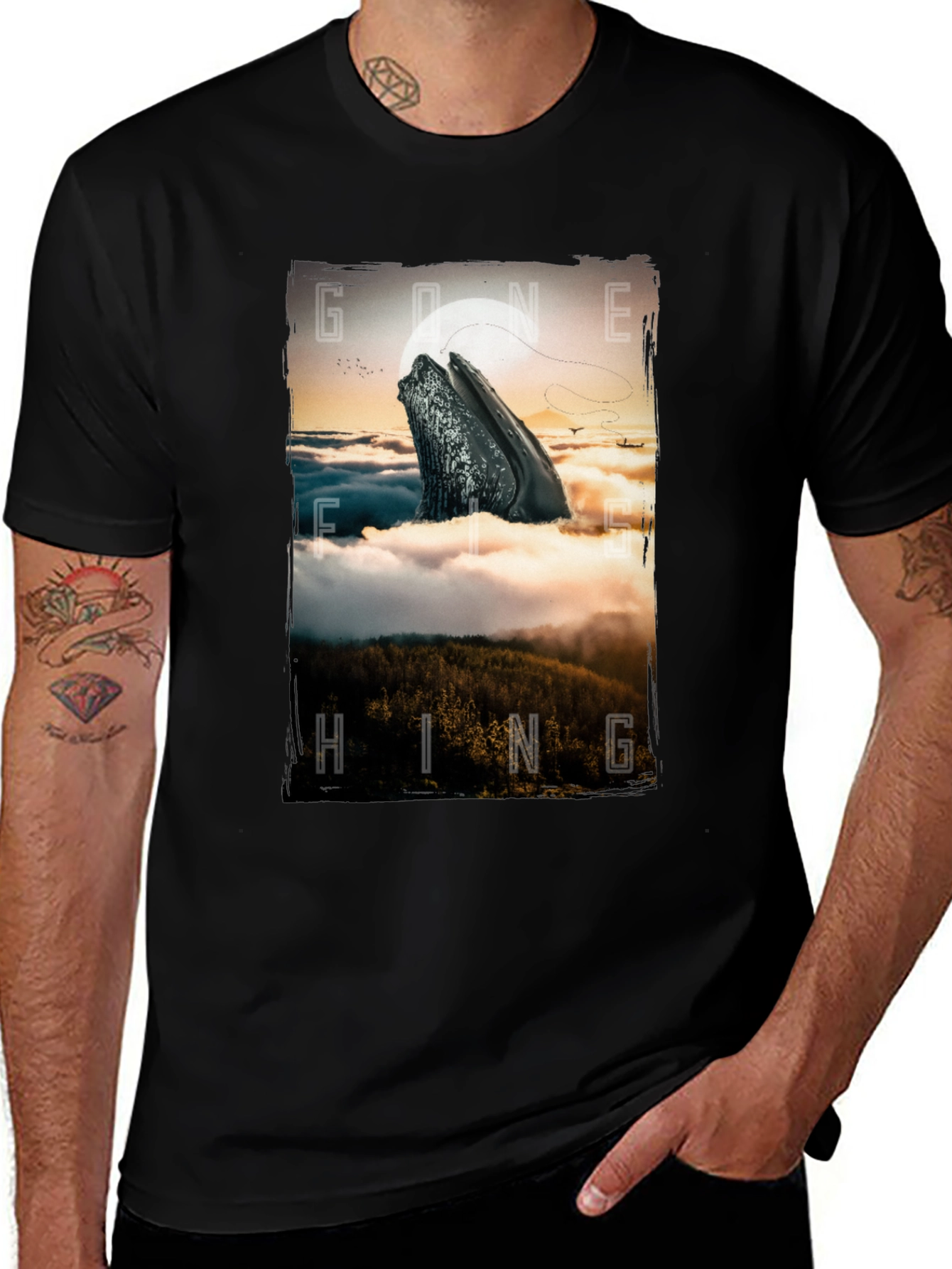 Gone Hiking Whale Graphic Tee - Black Cotton T-Shirt