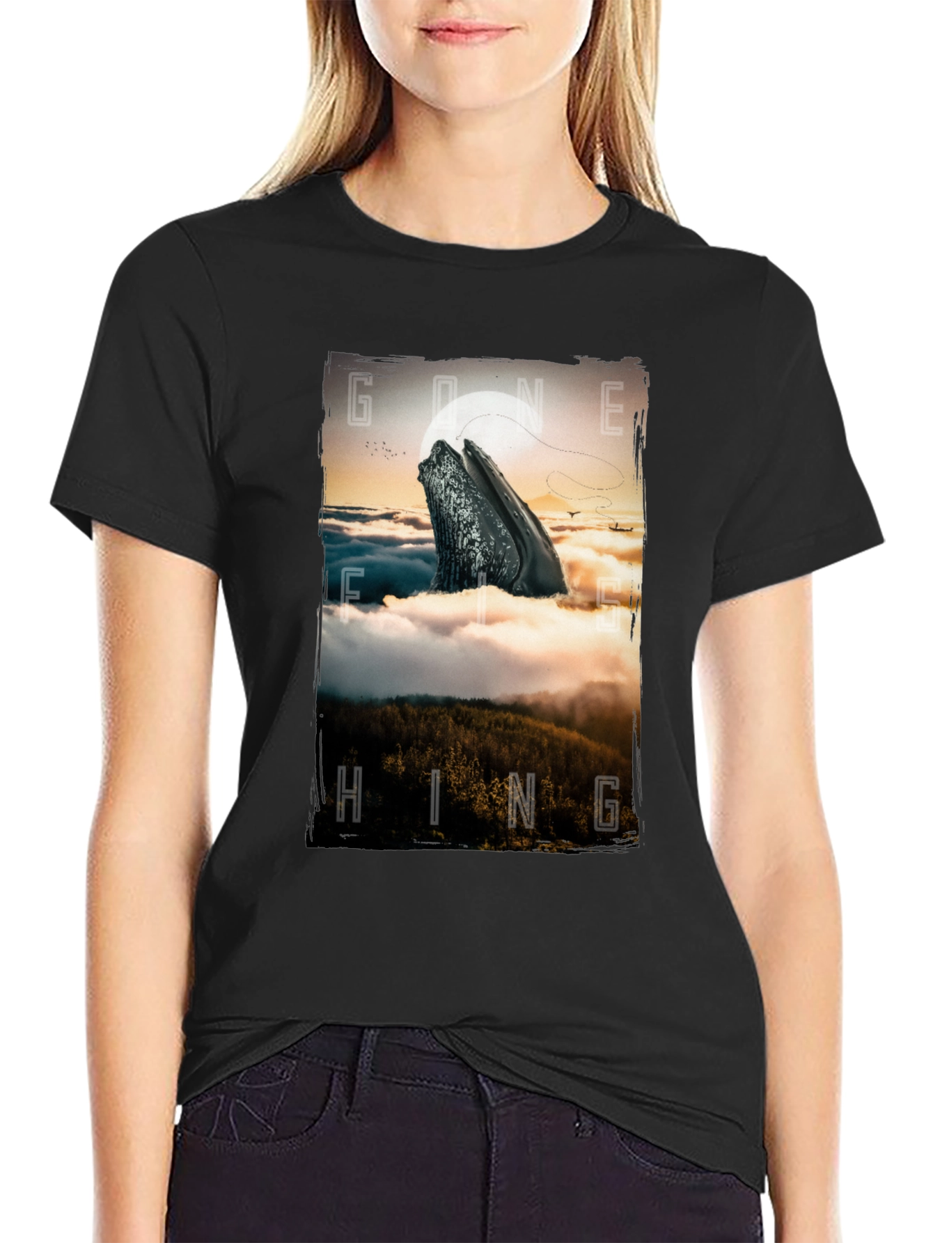 Gone Hiking Whale Graphic Tee - Black Cotton T-Shirt