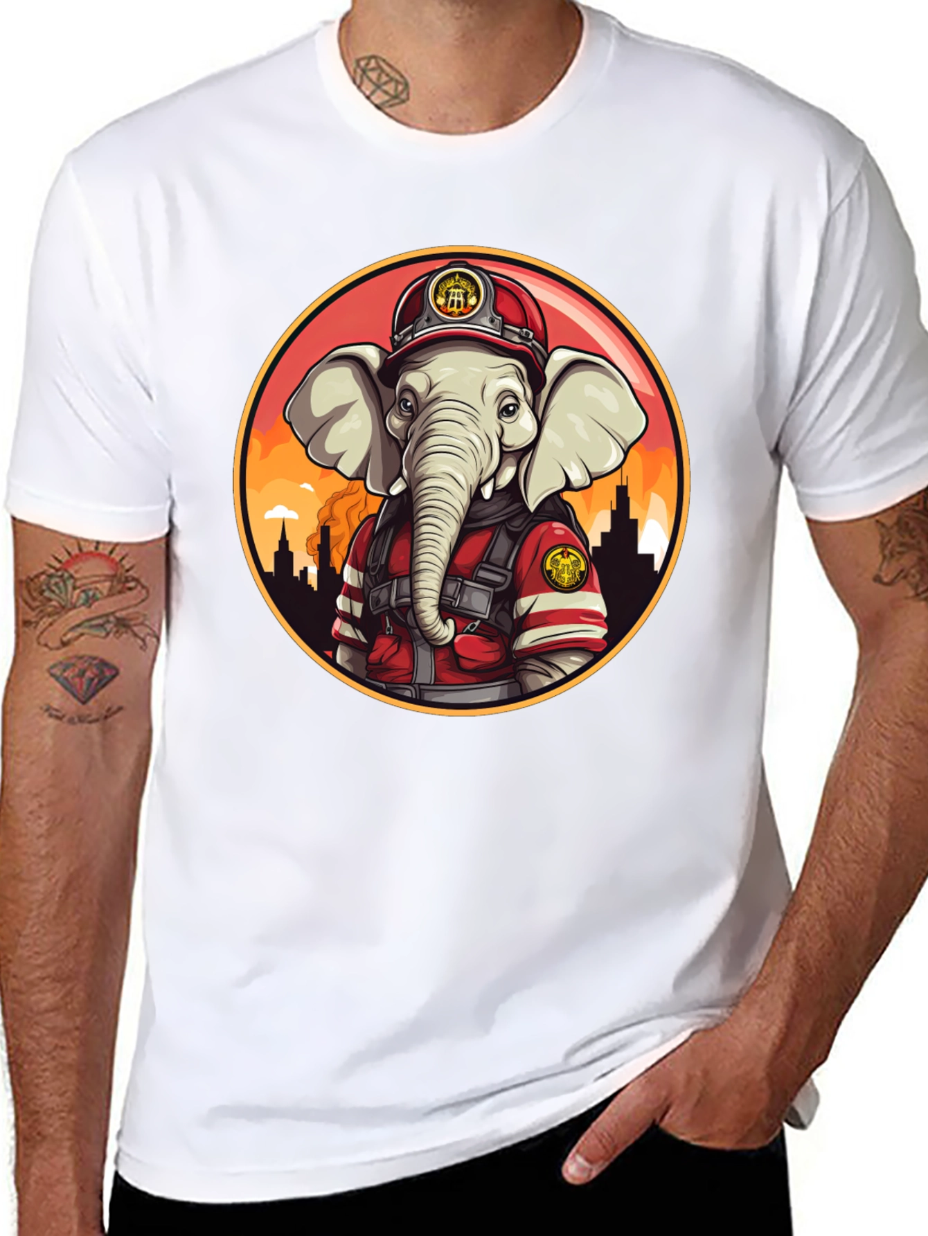 Elephant Firefighter T-Shirt - Cartoon Style