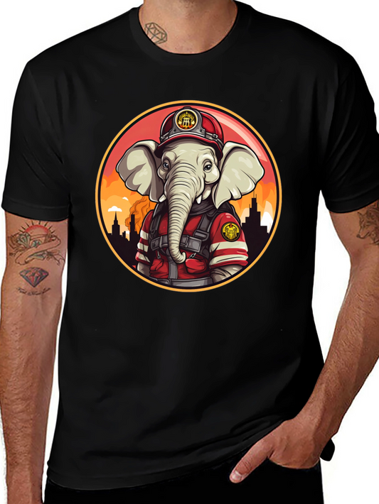 Elephant Firefighter T-Shirt - Cartoon Style