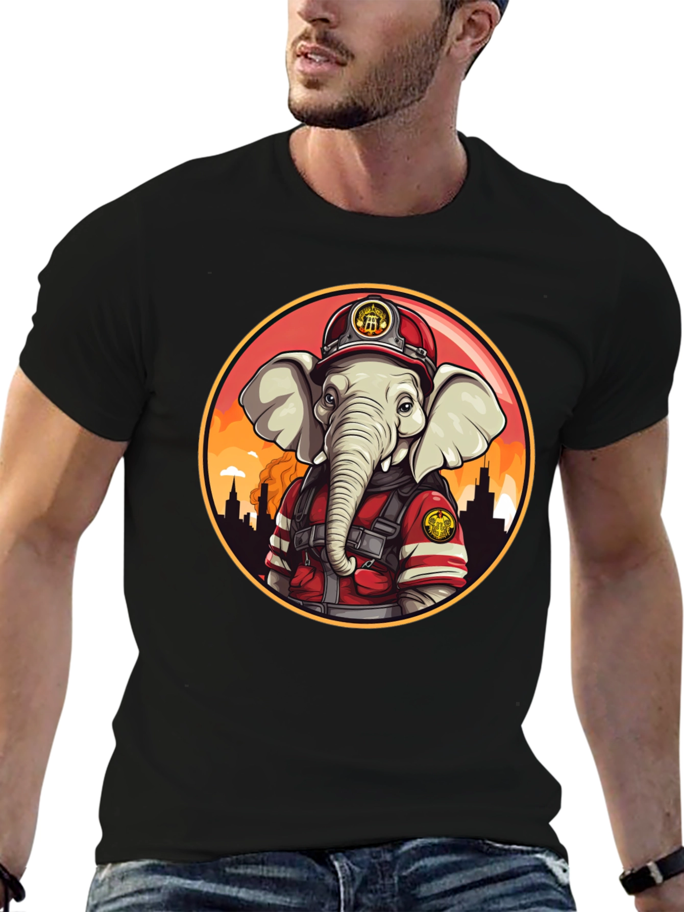 Elephant Firefighter T-Shirt - Cartoon Style