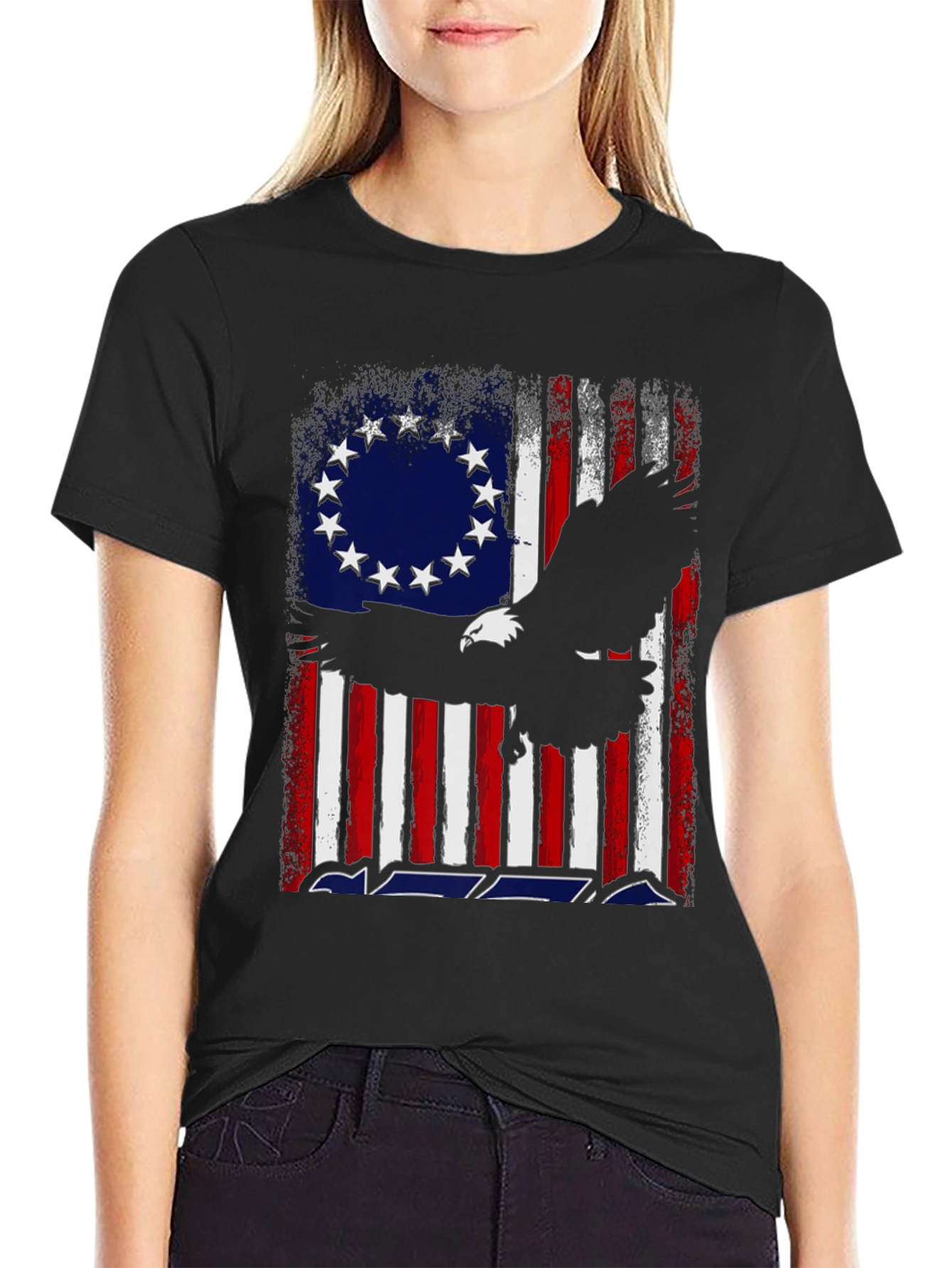 Patriotic Eagle & Betsy Ross Flag Graphic T-Shirt