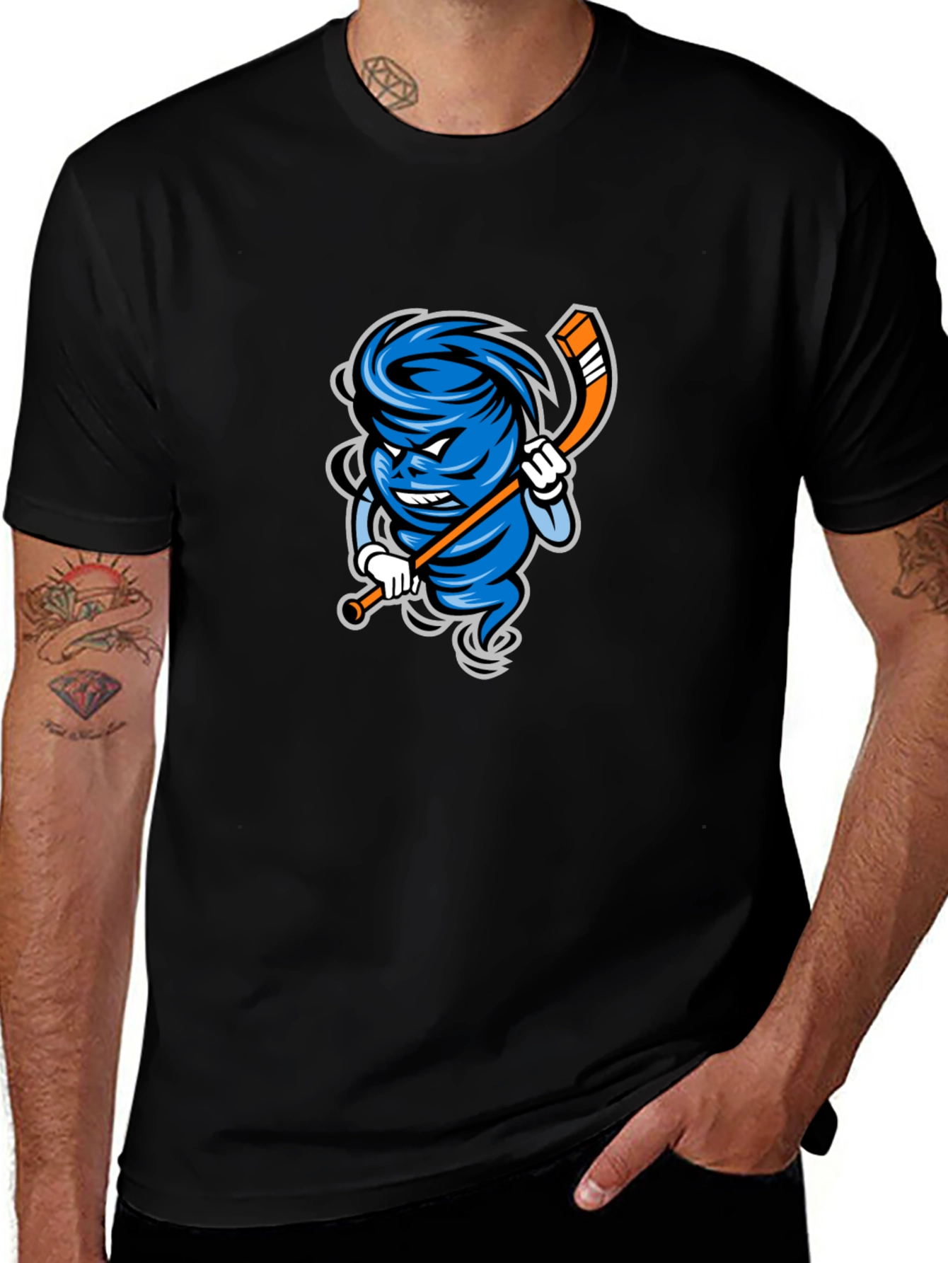 Mens Black Cartoon Hurricane Hockey T-Shirt