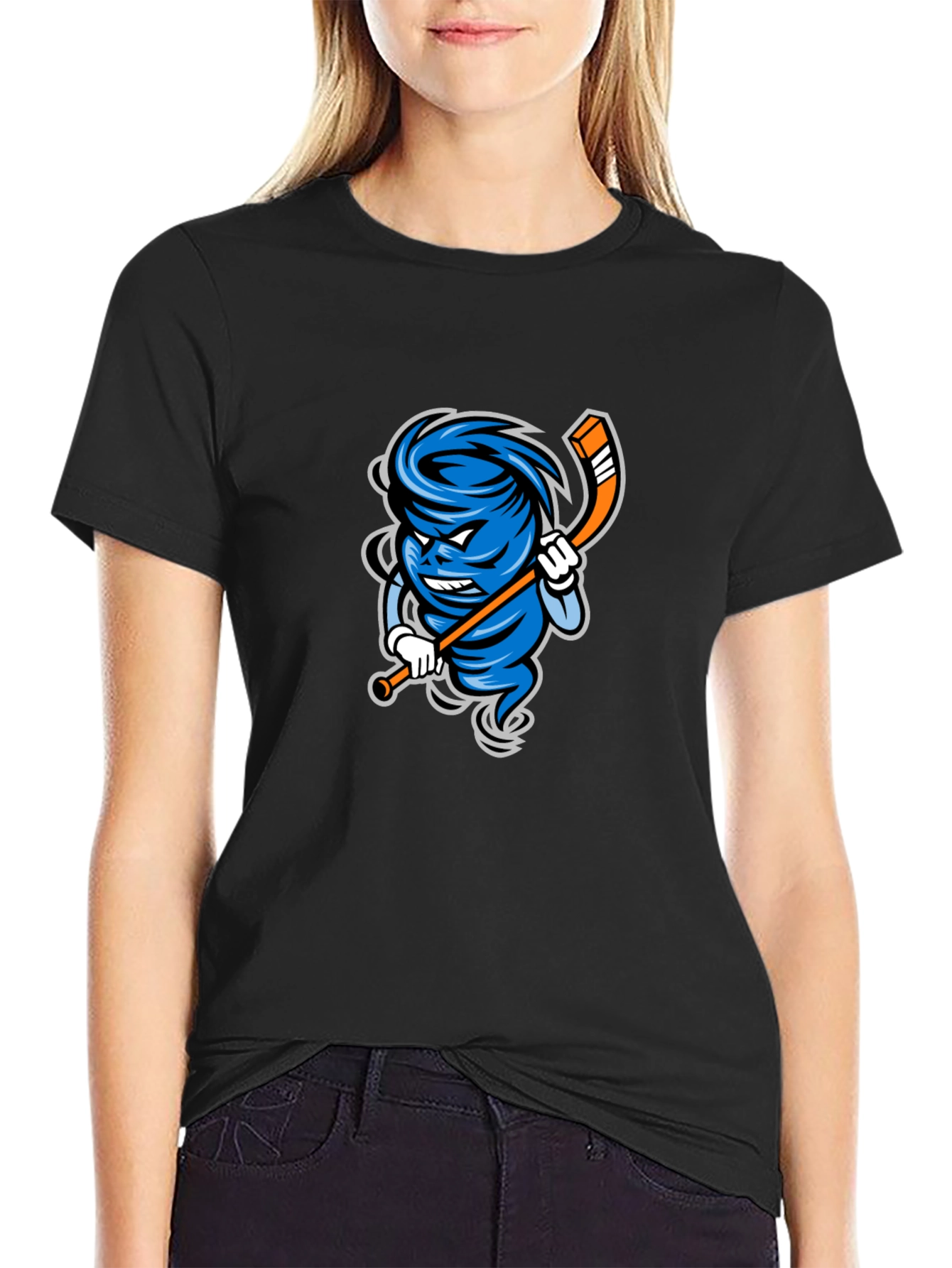 Mens Black Cartoon Hurricane Hockey T-Shirt