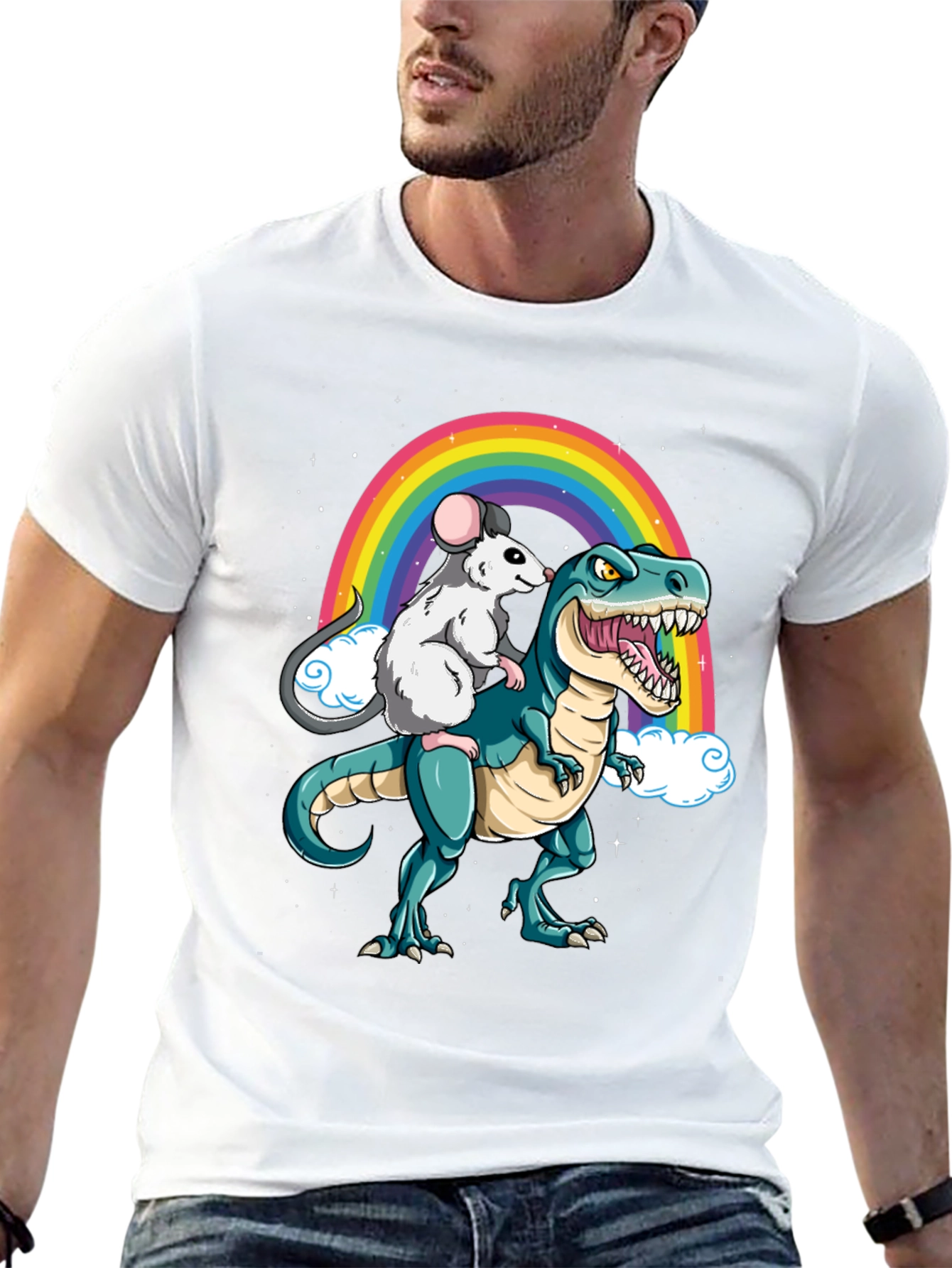 Rat Riding Dinosaur Rainbow Graphic Tee