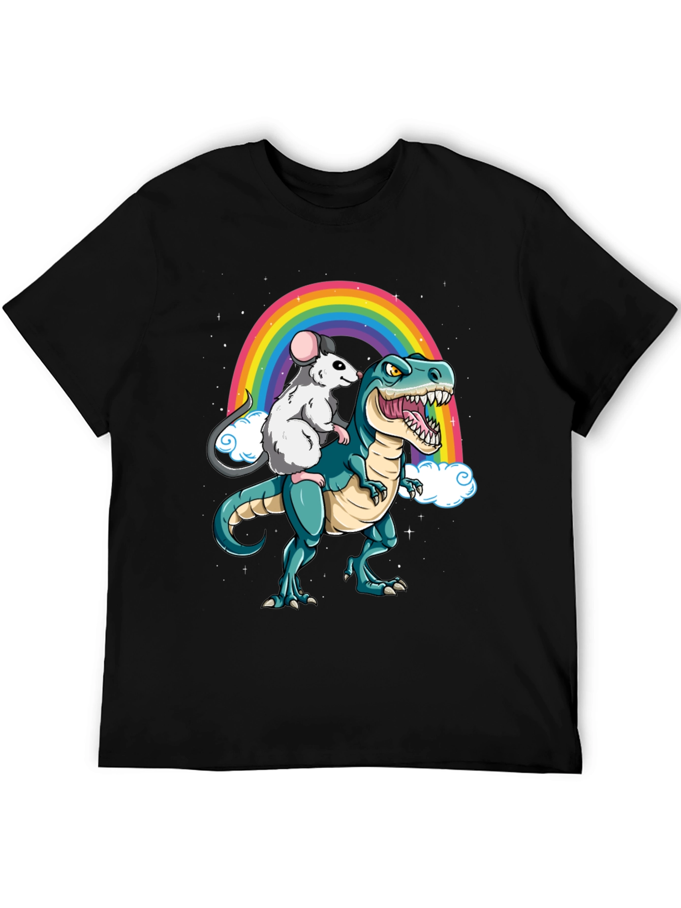Rat Riding Dinosaur Rainbow Graphic Tee
