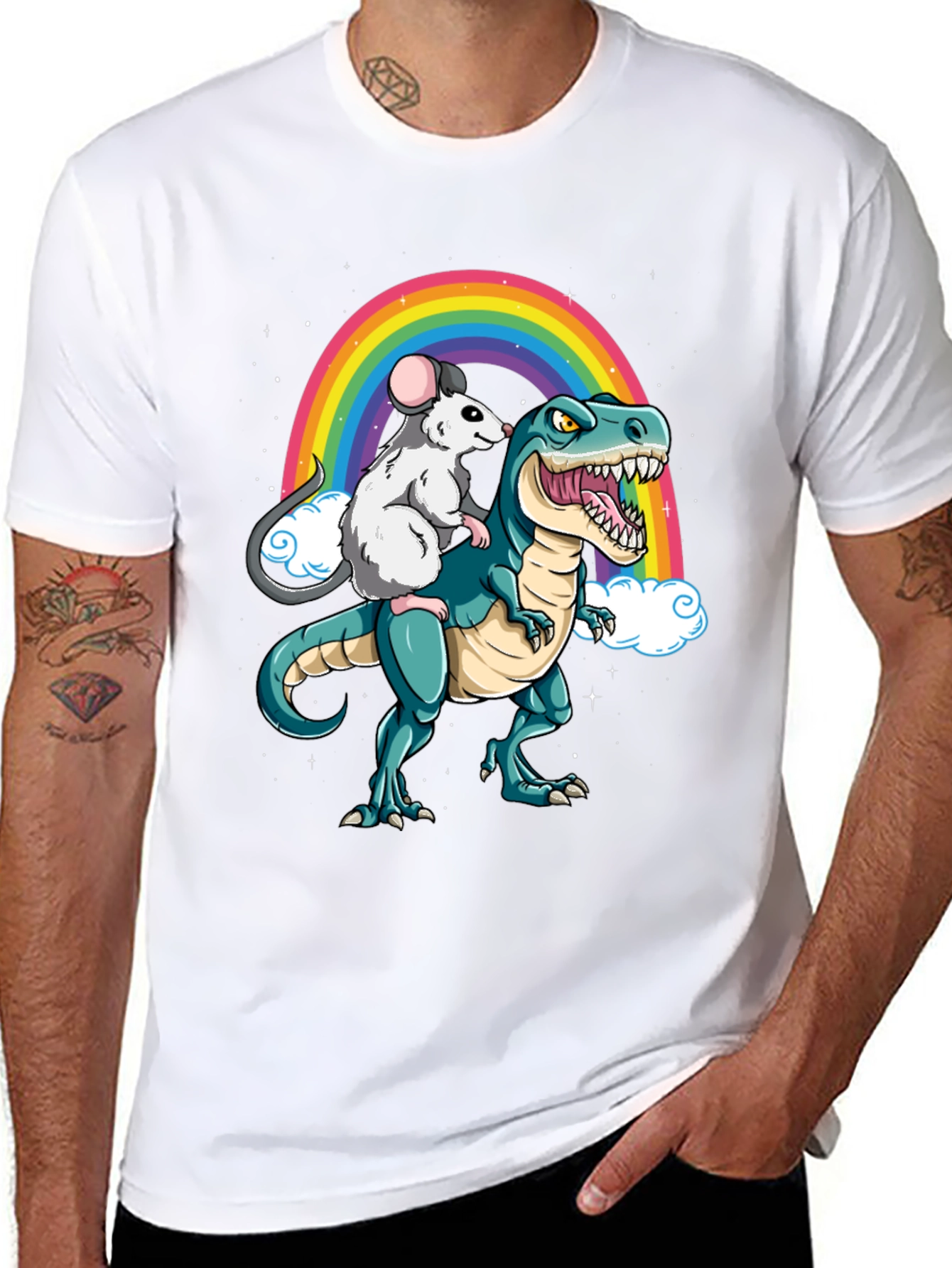 Rat Riding Dinosaur Rainbow Graphic Tee