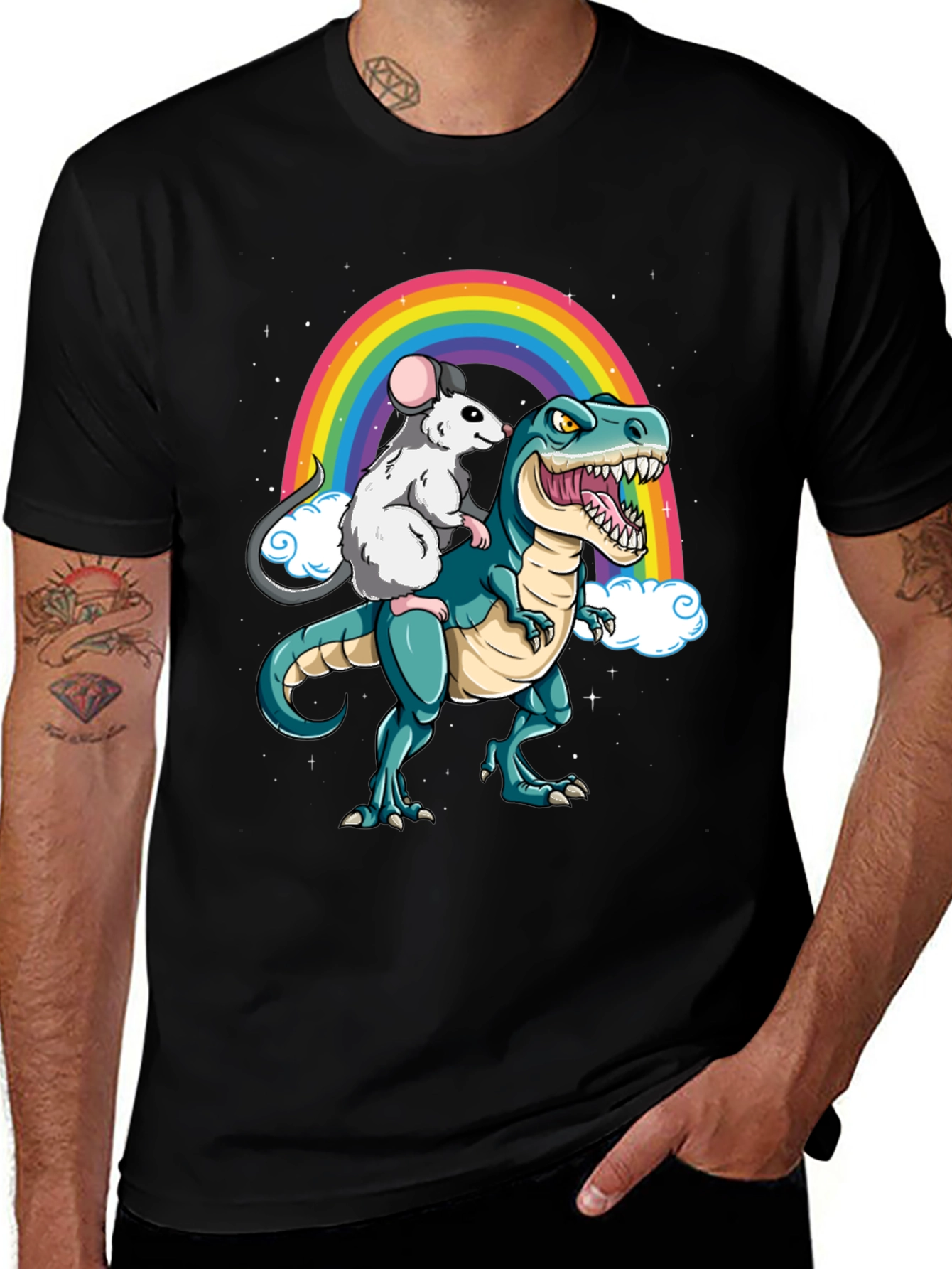 Rat Riding Dinosaur Rainbow Graphic Tee