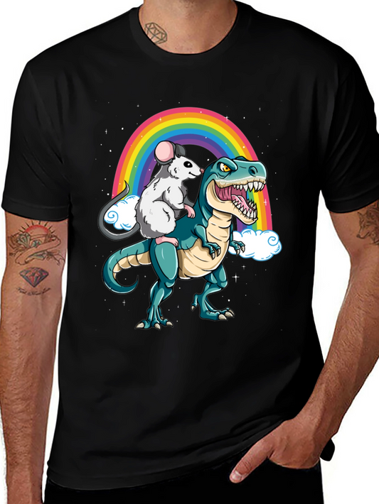 Rat Riding Dinosaur Rainbow Graphic Tee