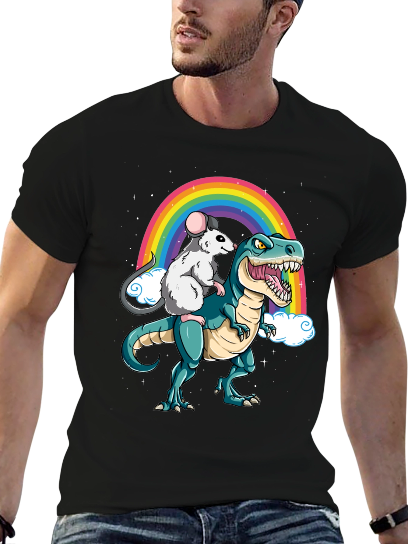 Rat Riding Dinosaur Rainbow Graphic Tee