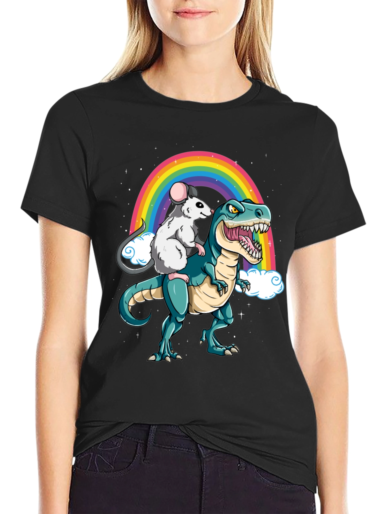 Rat Riding Dinosaur Rainbow Graphic Tee