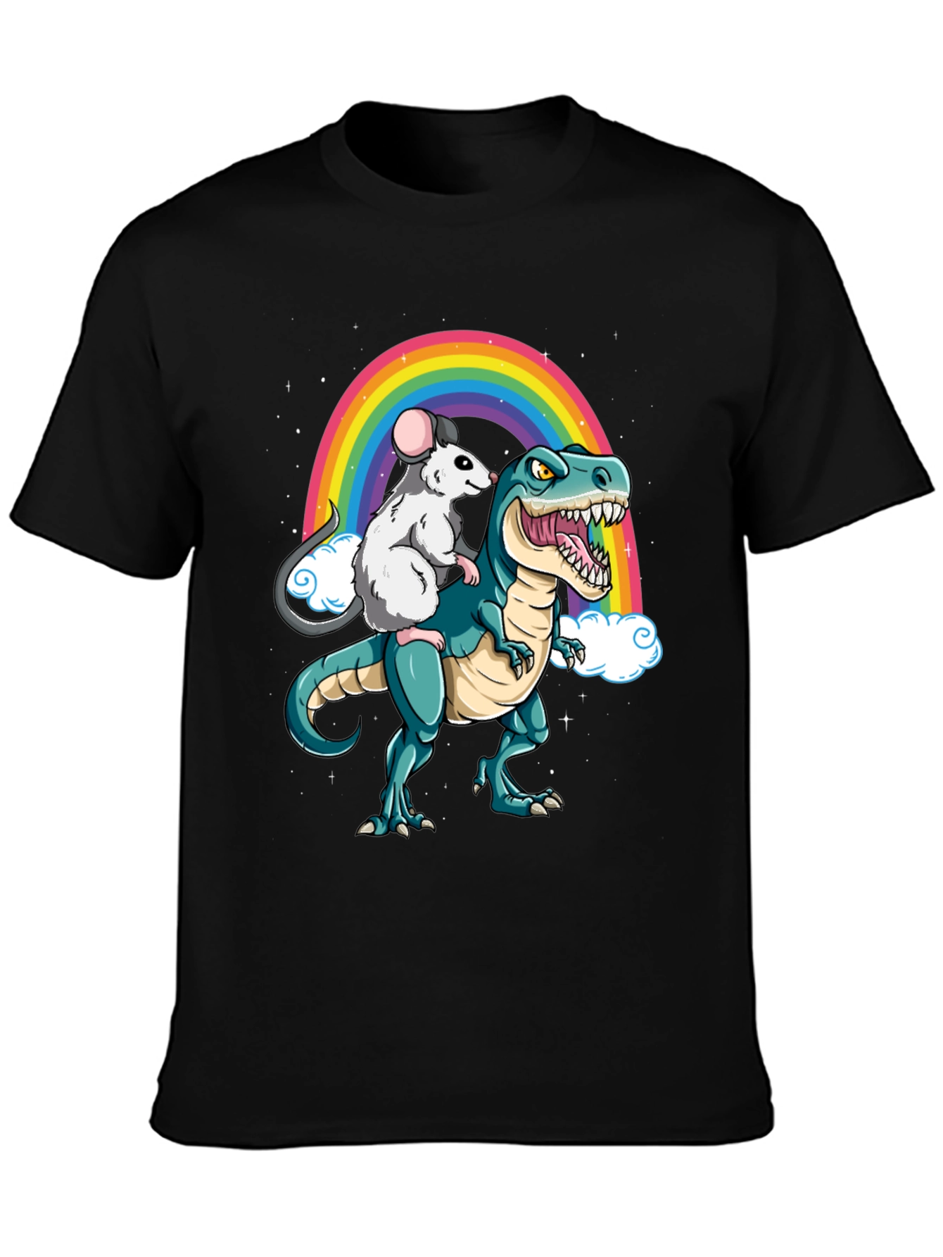 Rat Riding Dinosaur Rainbow Graphic Tee