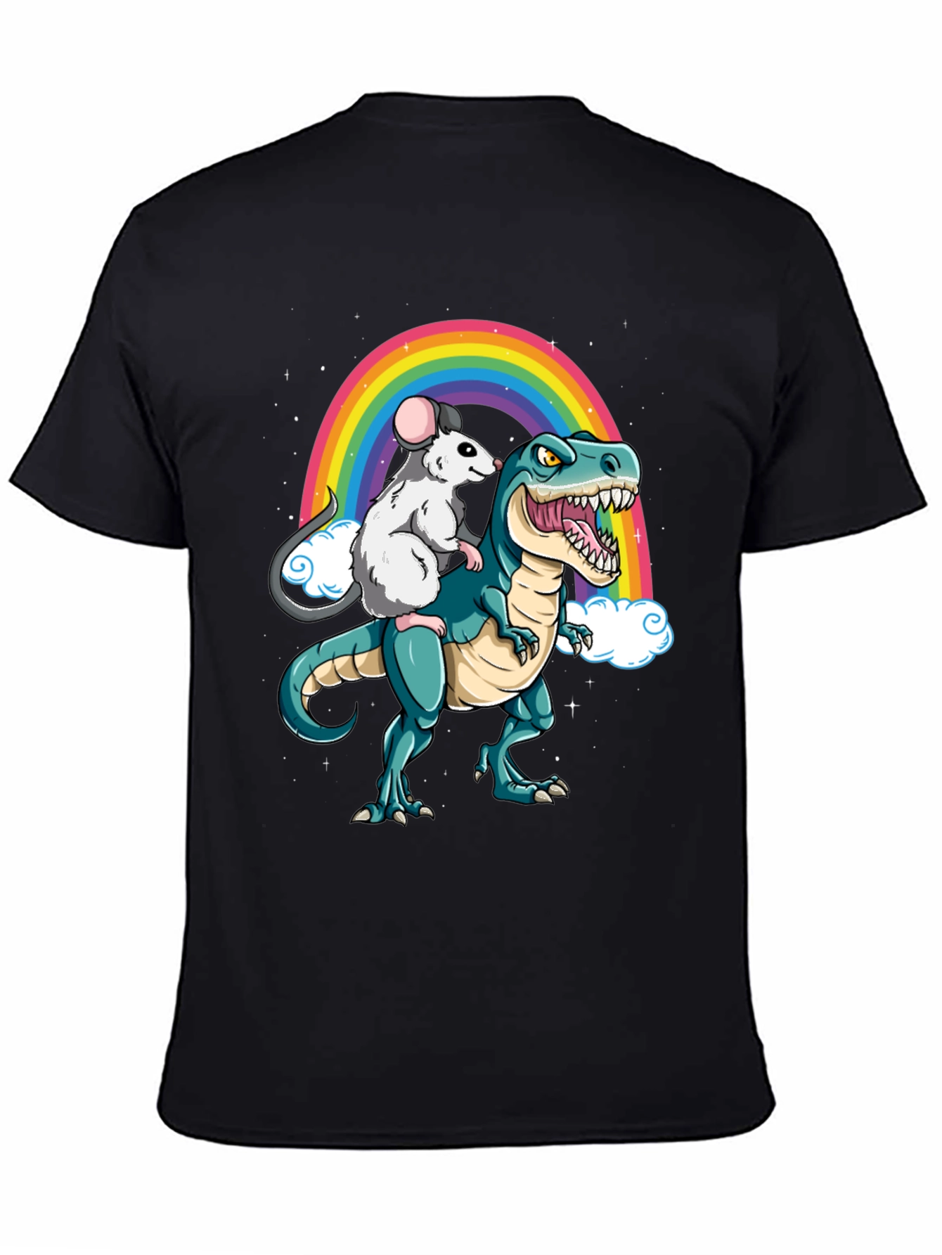 Rat Riding Dinosaur Rainbow Graphic Tee