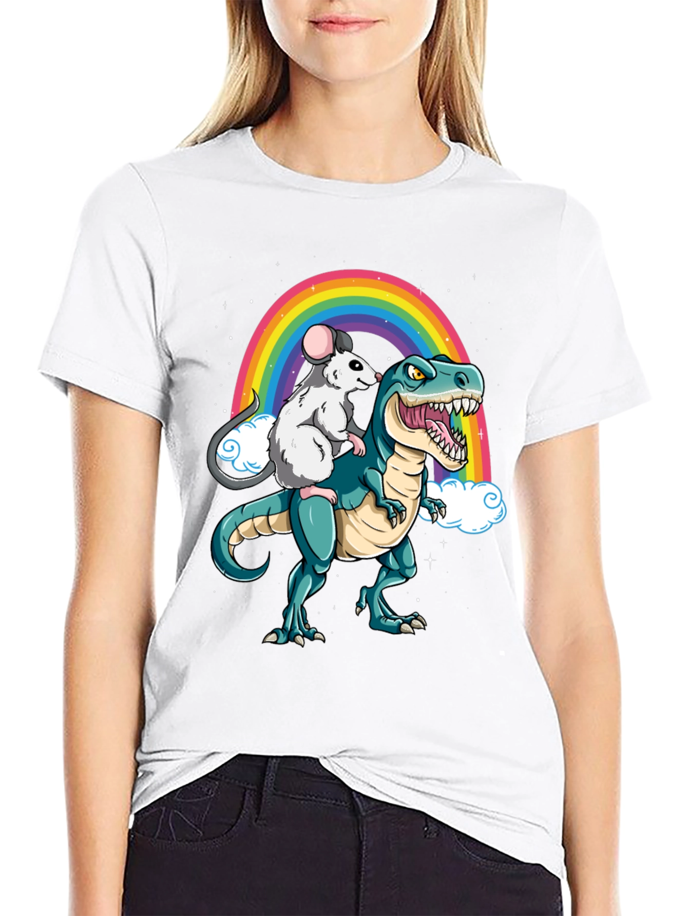 Rat Riding Dinosaur Rainbow Graphic Tee
