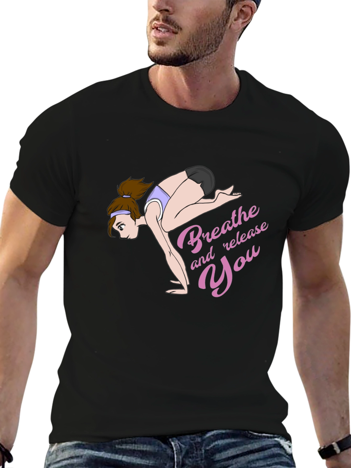 Breathe and Release You Yoga Graphic Black T-Shirt