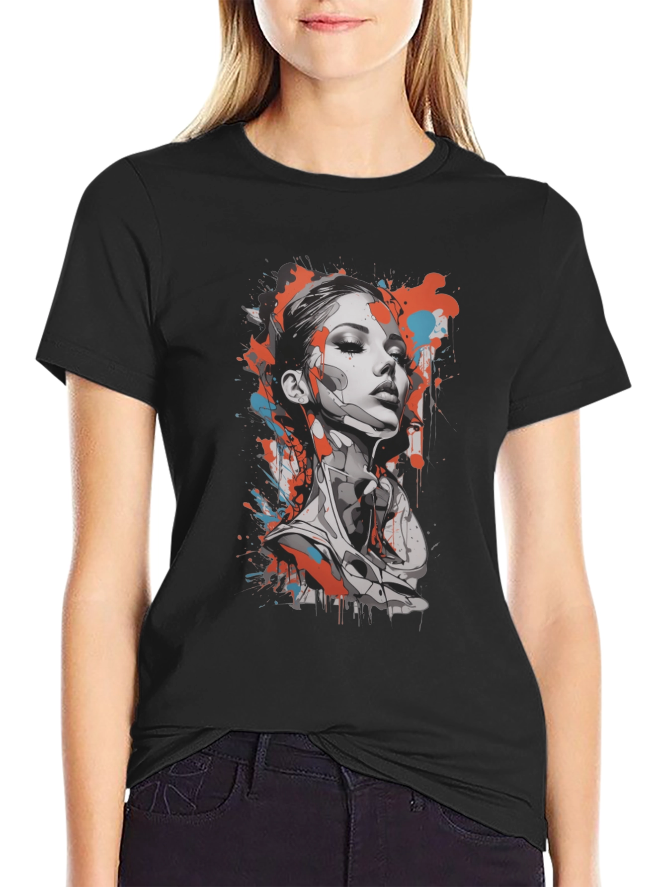 Abstract Woman Graphic Tee - Stylish Black T-Shirt