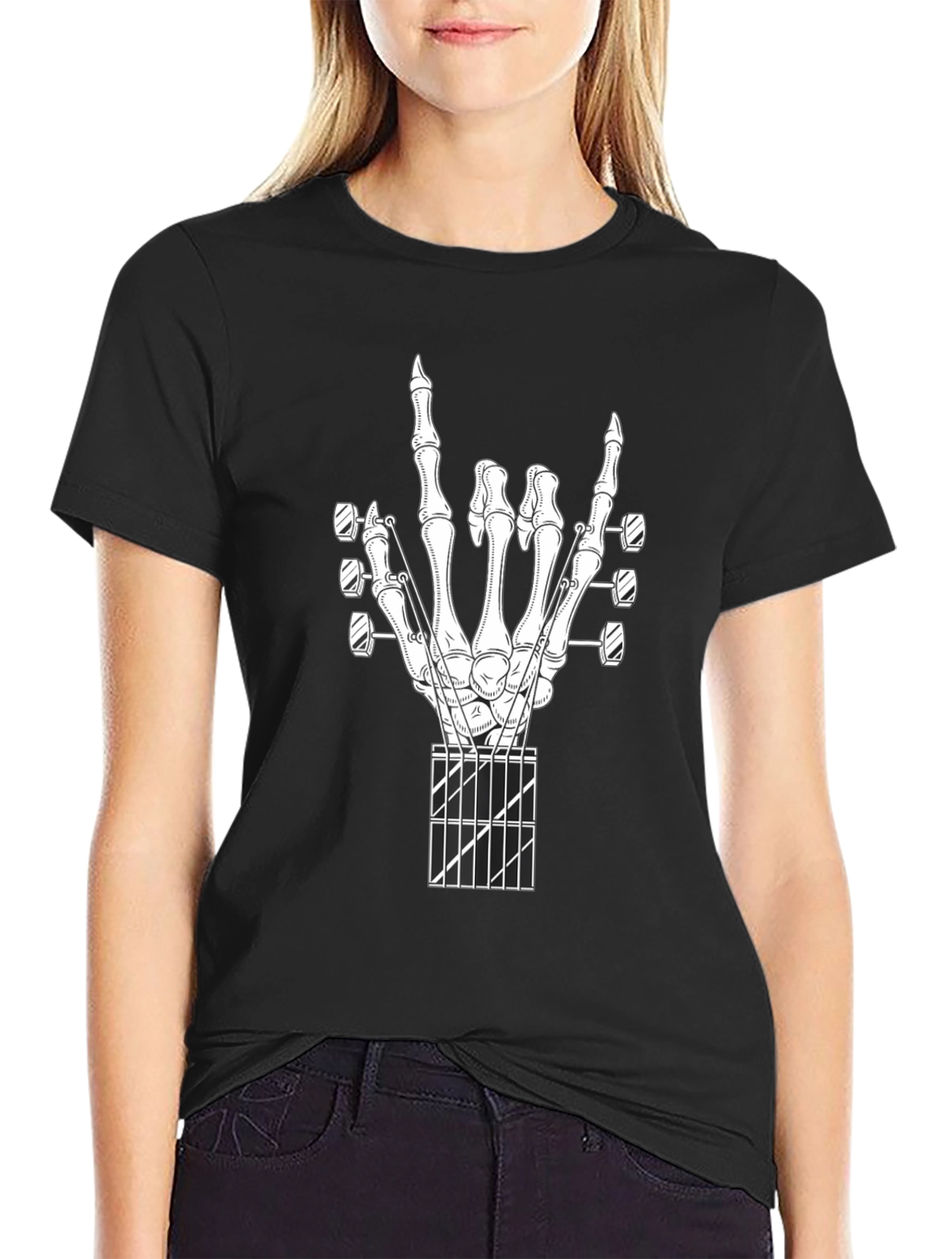 Rock On Guitar Skeleton Hand Black T-Shirt