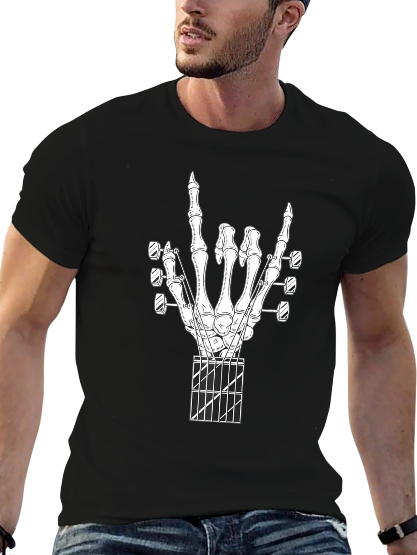 Rock On Guitar Skeleton Hand Black T-Shirt