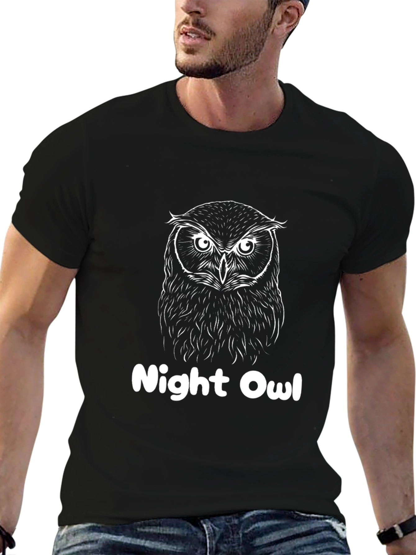 Night Owl Graphic Tee - Black Cotton T-Shirt