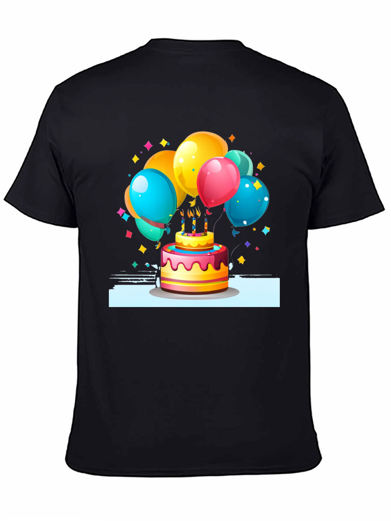 Festive Birthday Cake & Balloons Graphic Tee - Black