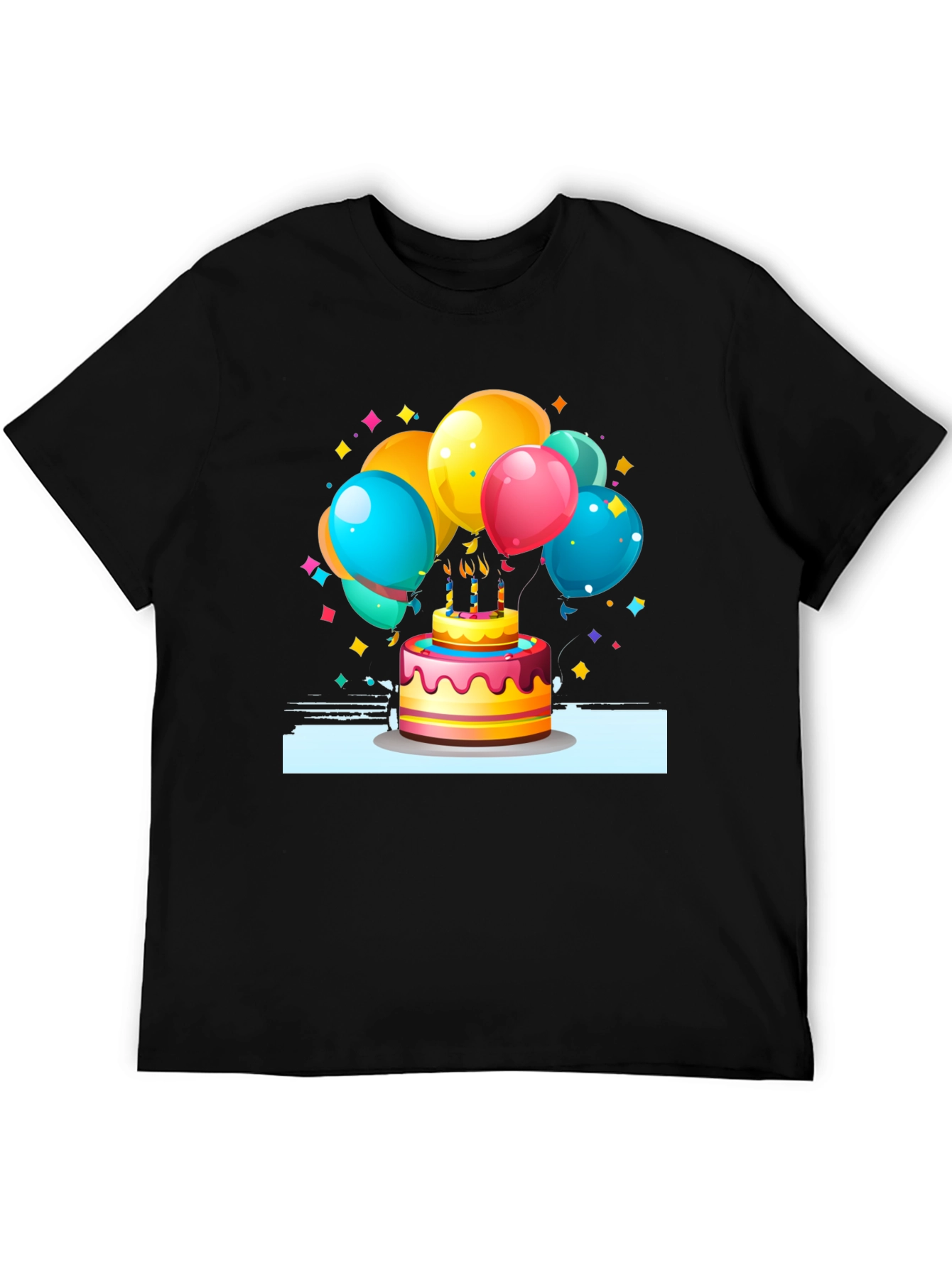 Festive Birthday Cake & Balloons Graphic Tee - Black