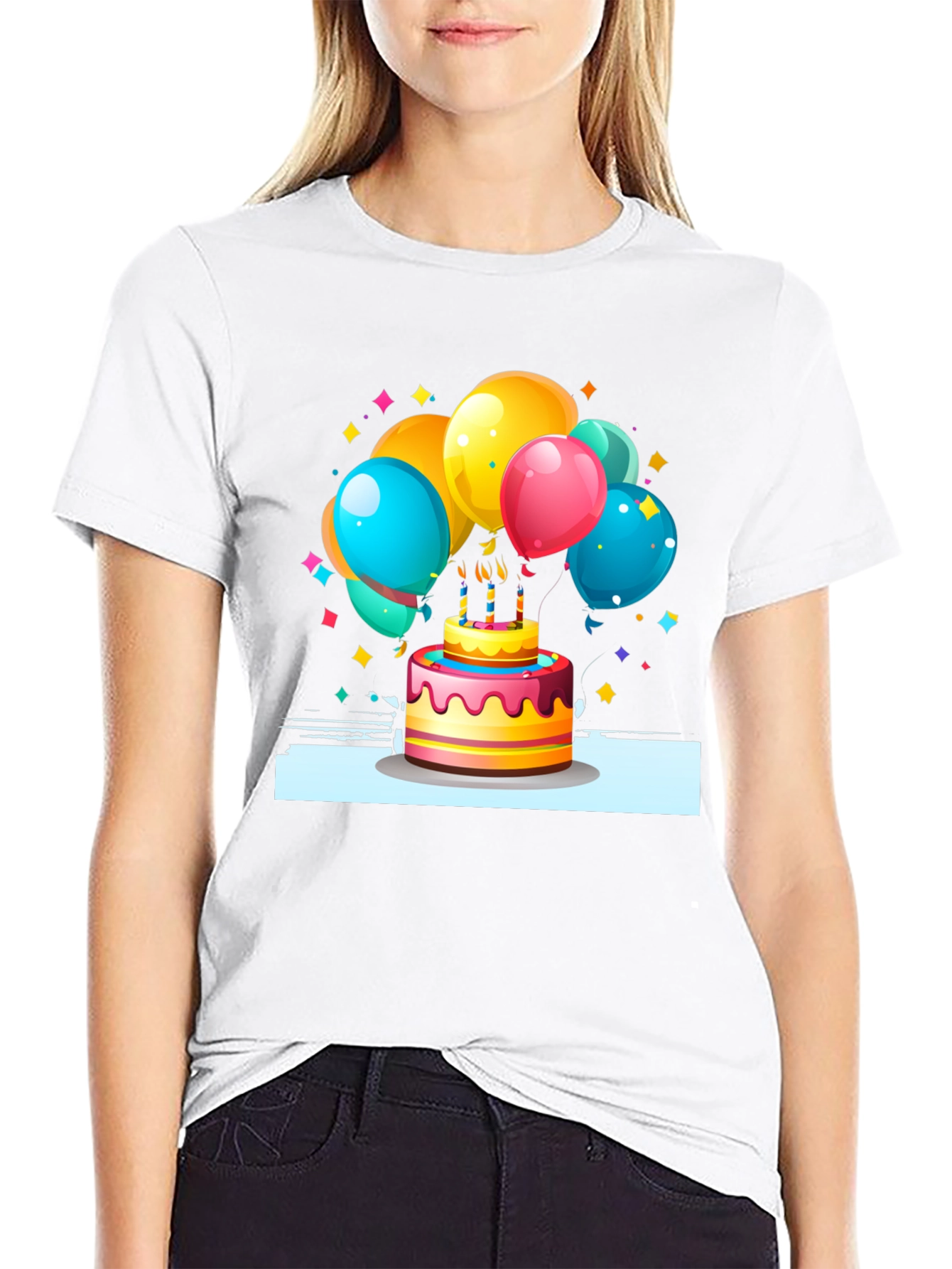 Festive Birthday Cake & Balloons Graphic Tee - Black