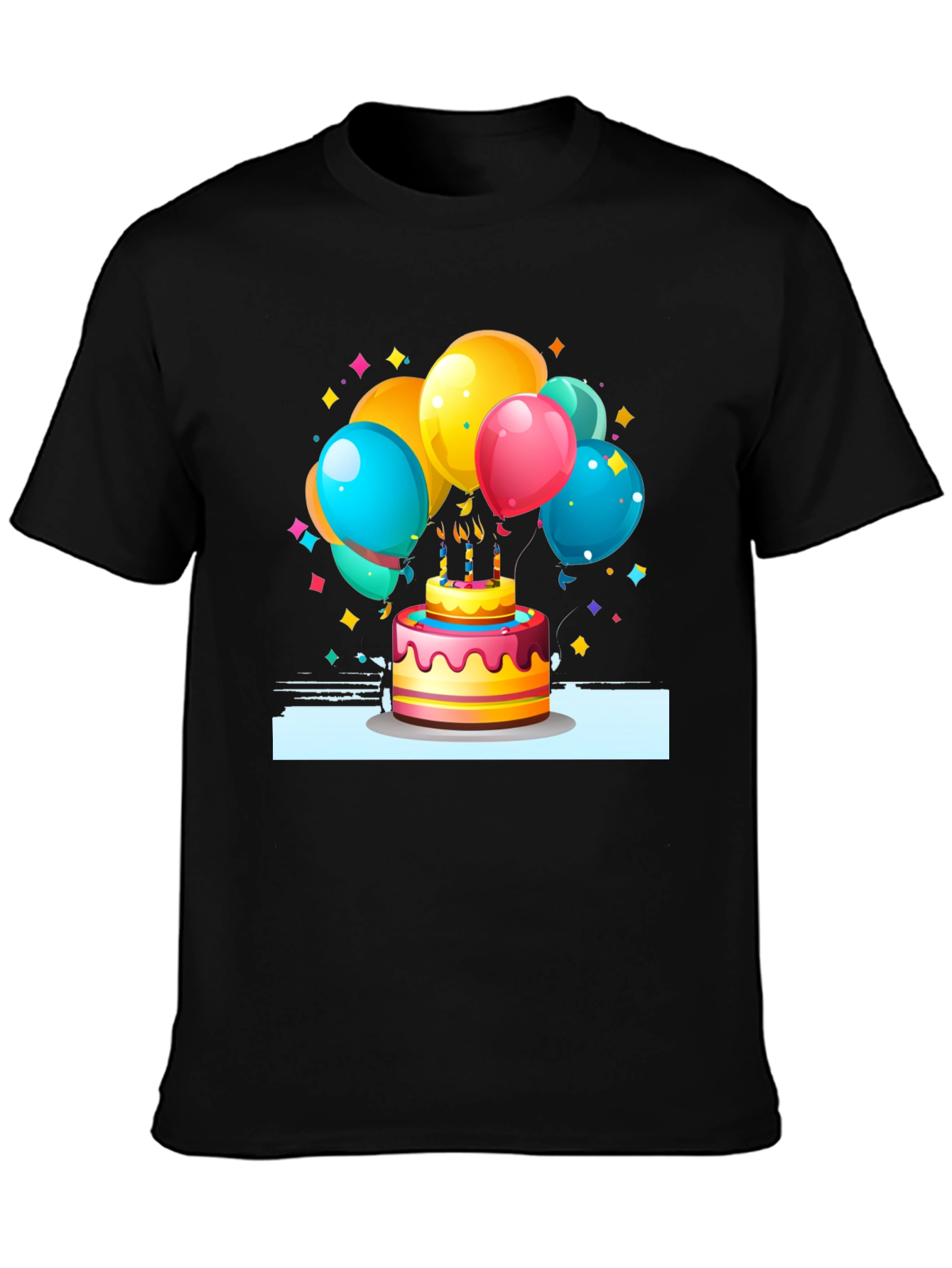 Festive Birthday Cake & Balloons Graphic Tee - Black