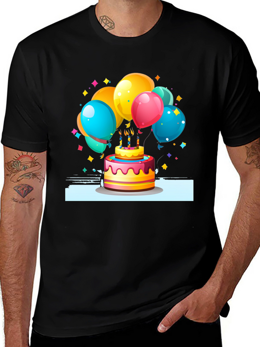 Festive Birthday Cake & Balloons Graphic Tee - Black