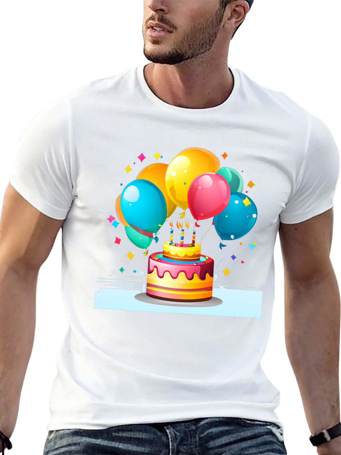 Festive Birthday Cake & Balloons Graphic Tee - Black