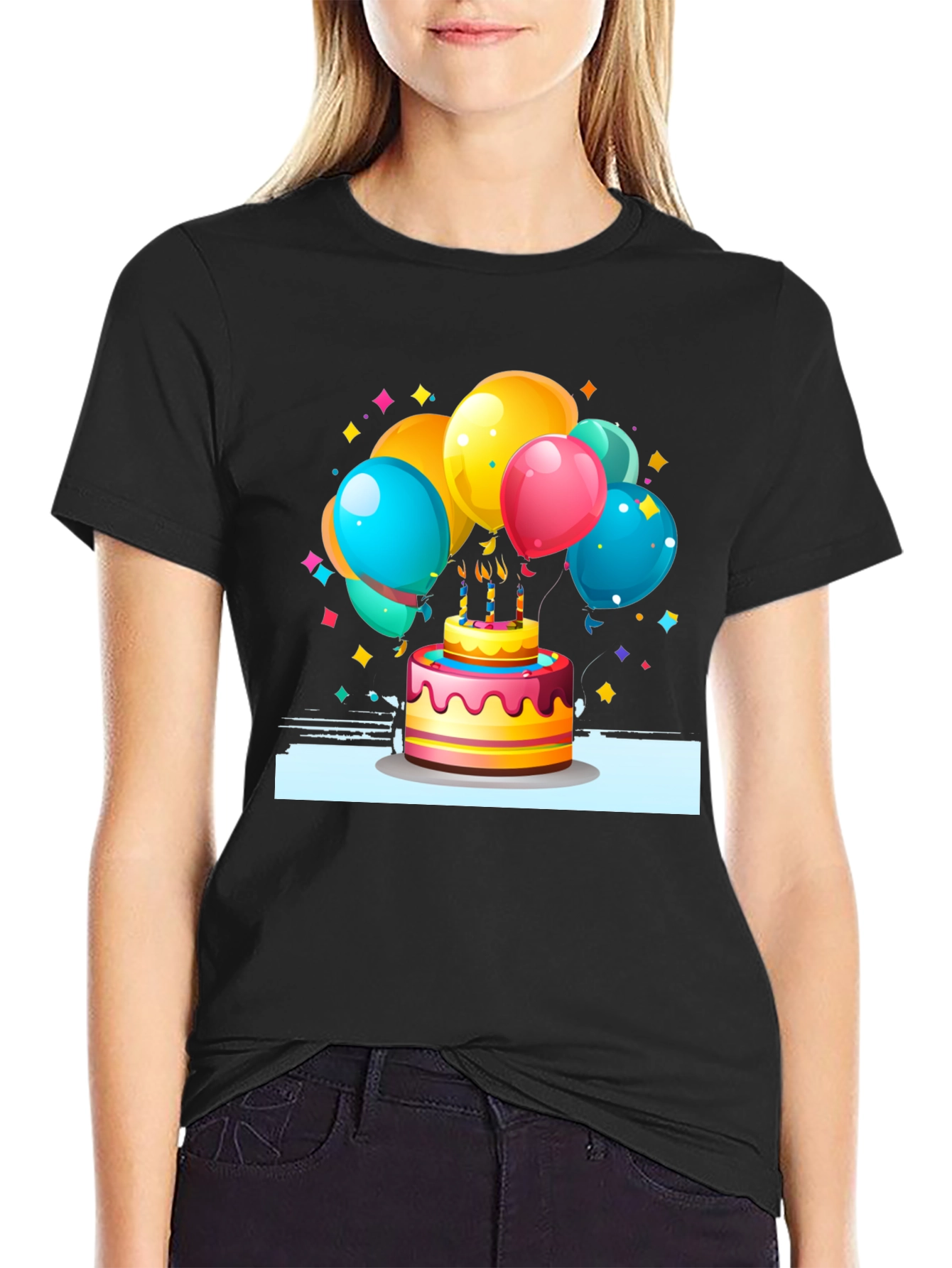 Festive Birthday Cake & Balloons Graphic Tee - Black
