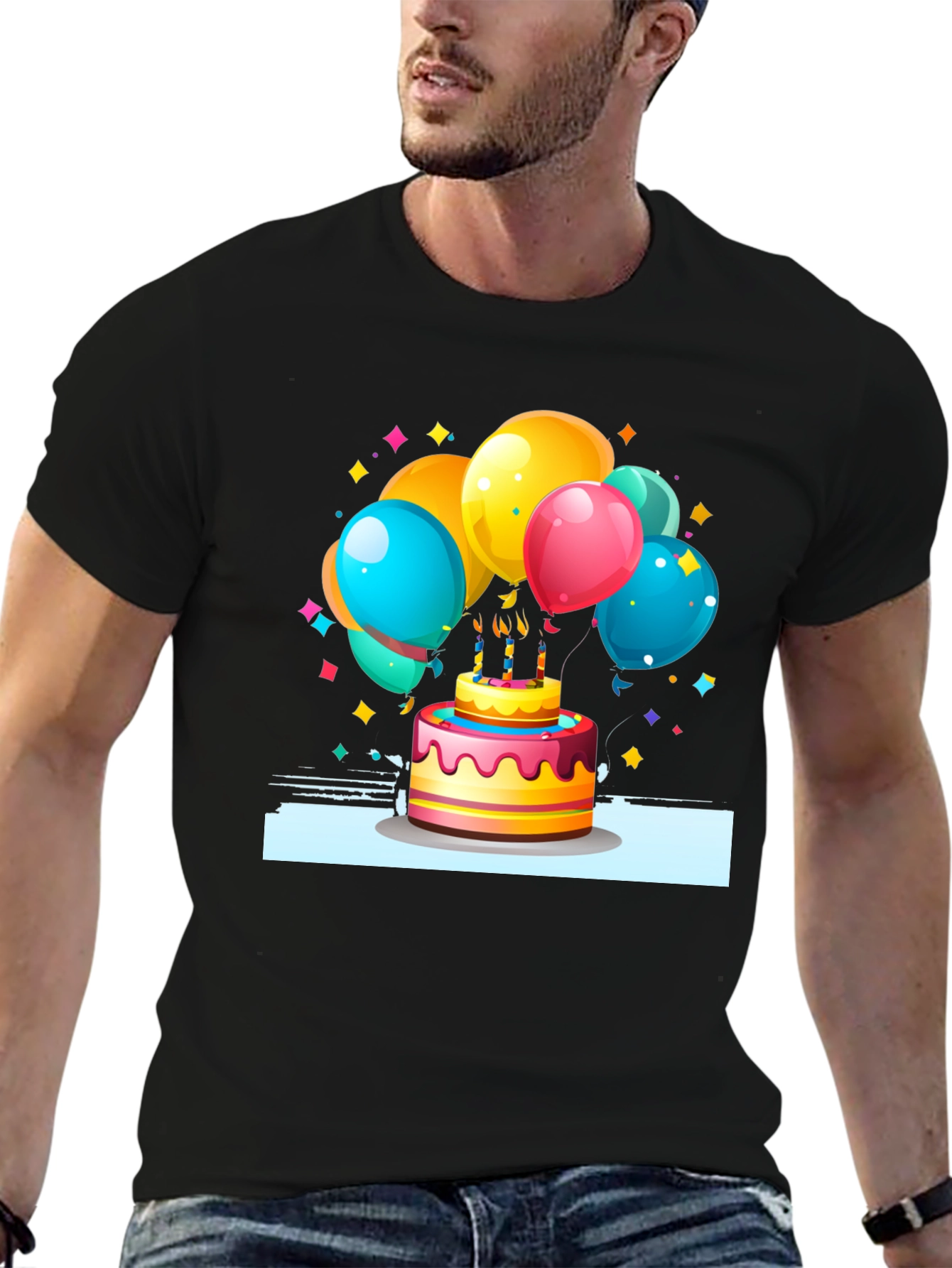 Festive Birthday Cake & Balloons Graphic Tee - Black