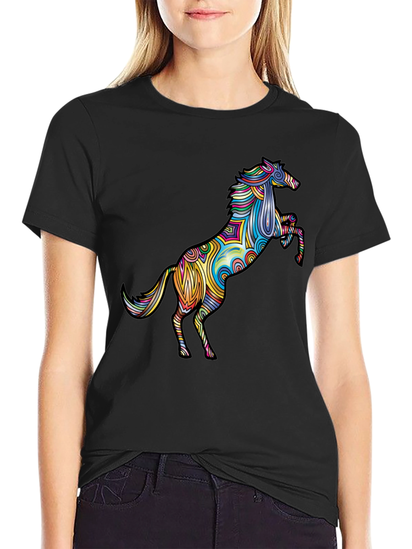 Vivid Psychedelic Horse Graphic Tee - Black T-Shirt